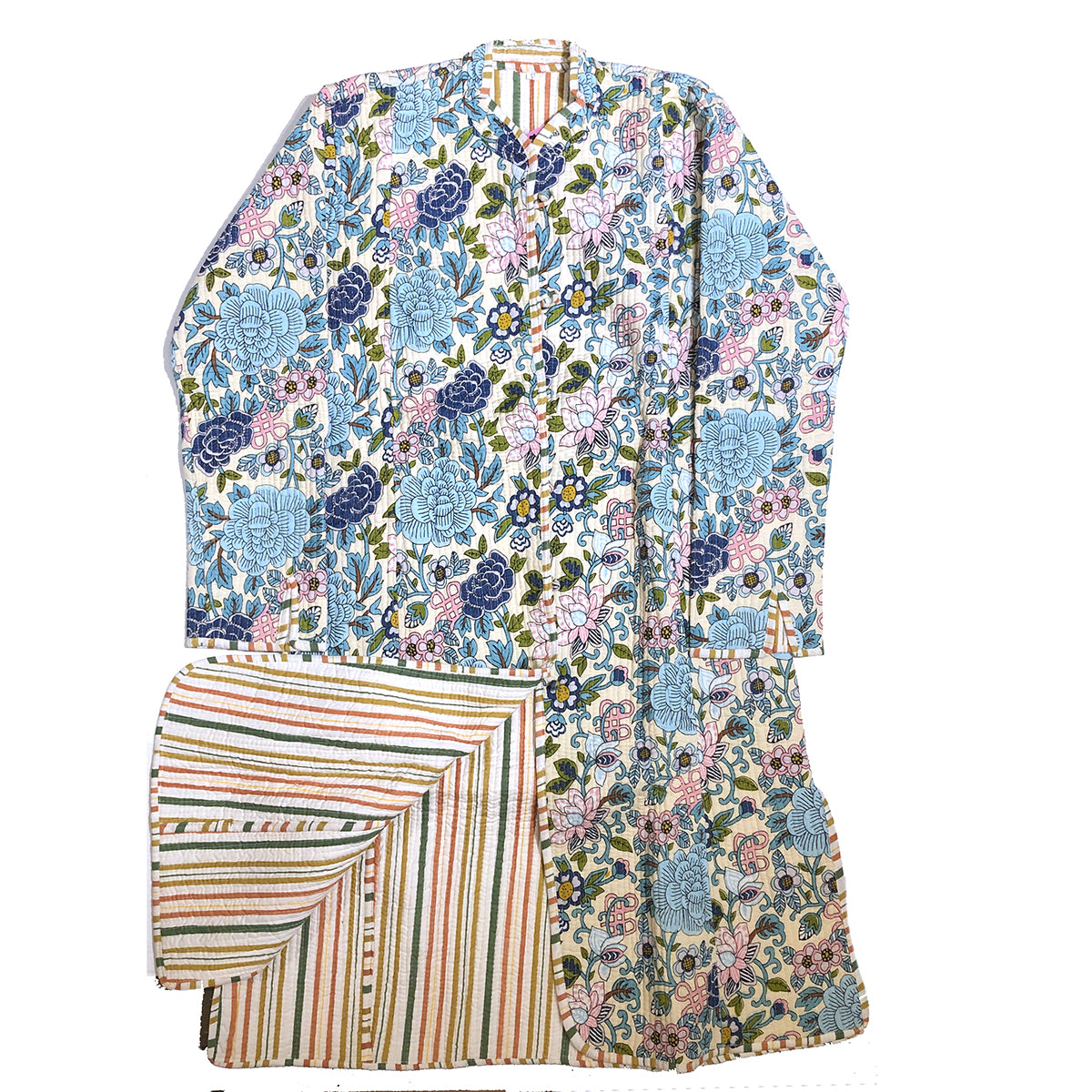 VR Blue Floral Quilted Coat-Long - Vintage India NYC