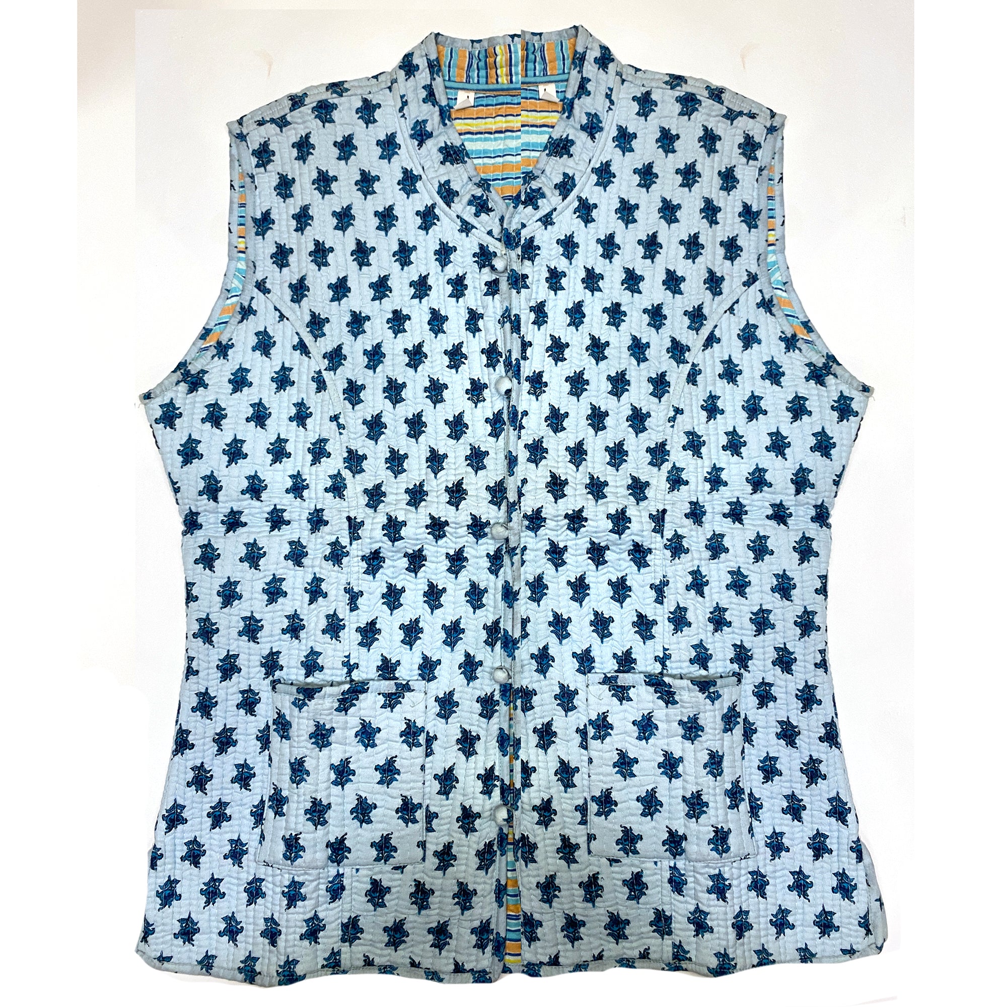 Light Blue Floral Reversible Quilted Vests - Vintage India NYC