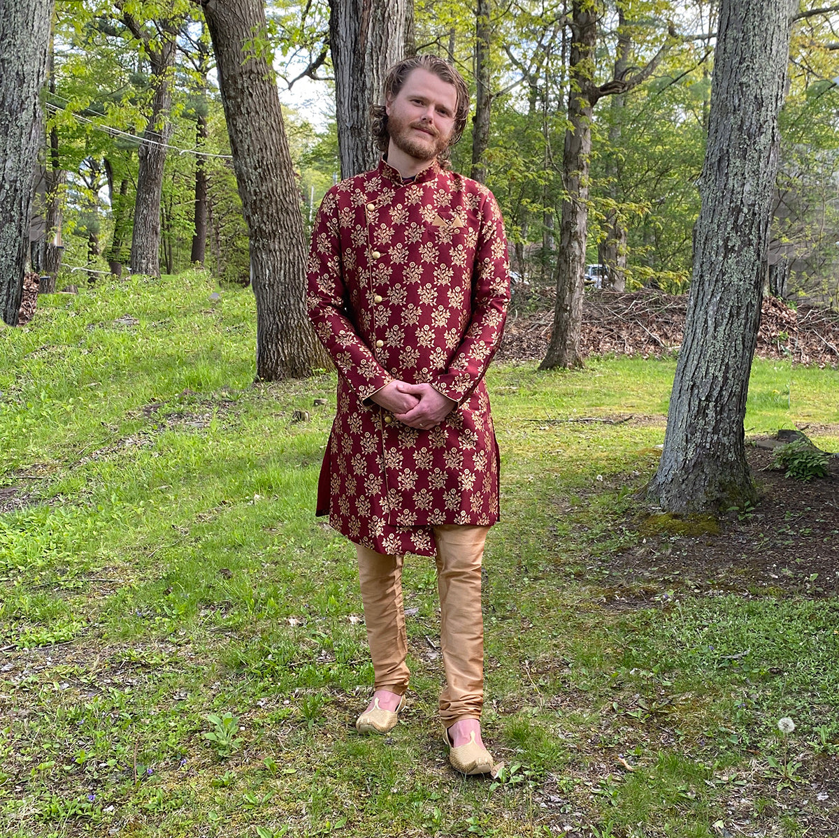 YD Maroon Brocade Semi Sherwani - Vintage India NYC