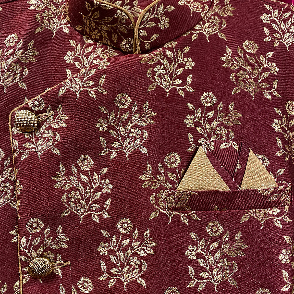 YD Maroon Brocade Semi Sherwani - Vintage India NYC
