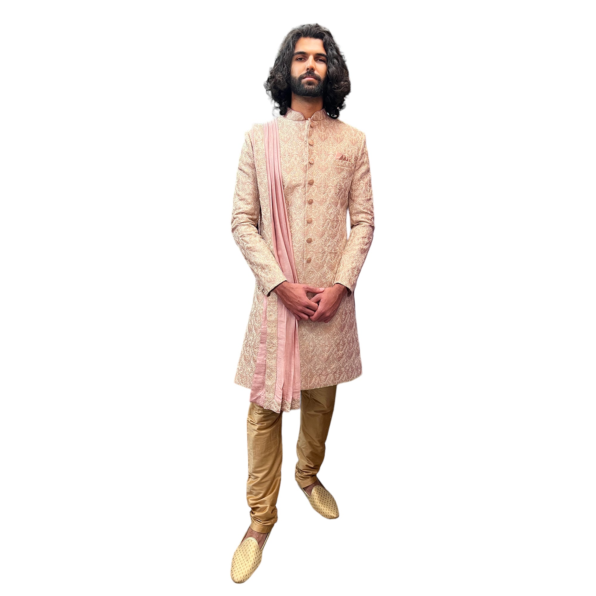 Mauve & Gold Embroidered Sherwani - Vintage India NYC