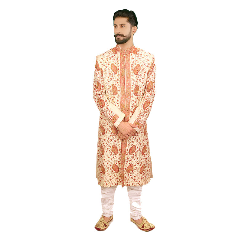 Cream Sherwani with Rose Detail - Vintage India NYC