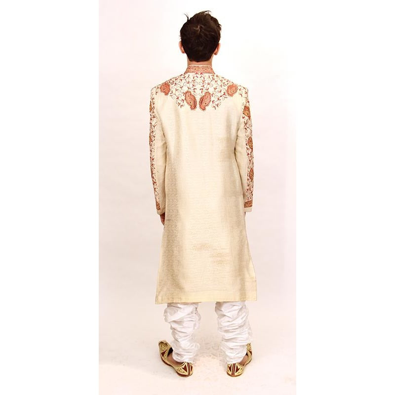 Cream Sherwani with Rose Detail - Vintage India NYC