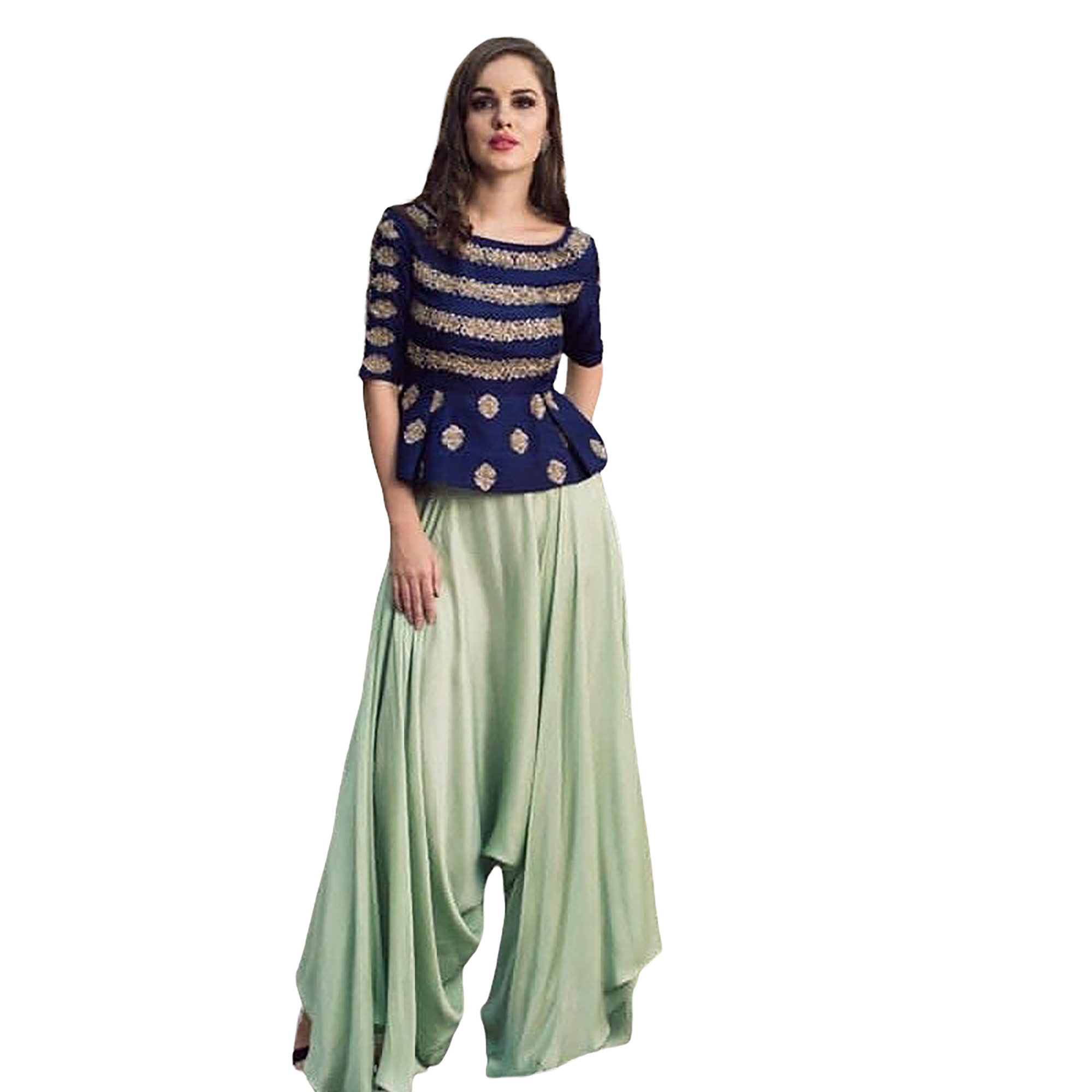 Mint Harem Pant with Navy Peplum Top - Vintage India NYC