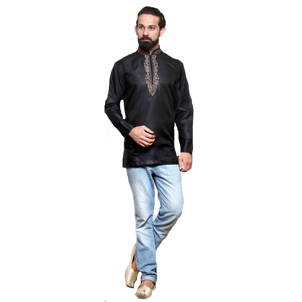 MJ Black Cotton Silk Short Kurta - Vintage India NYC