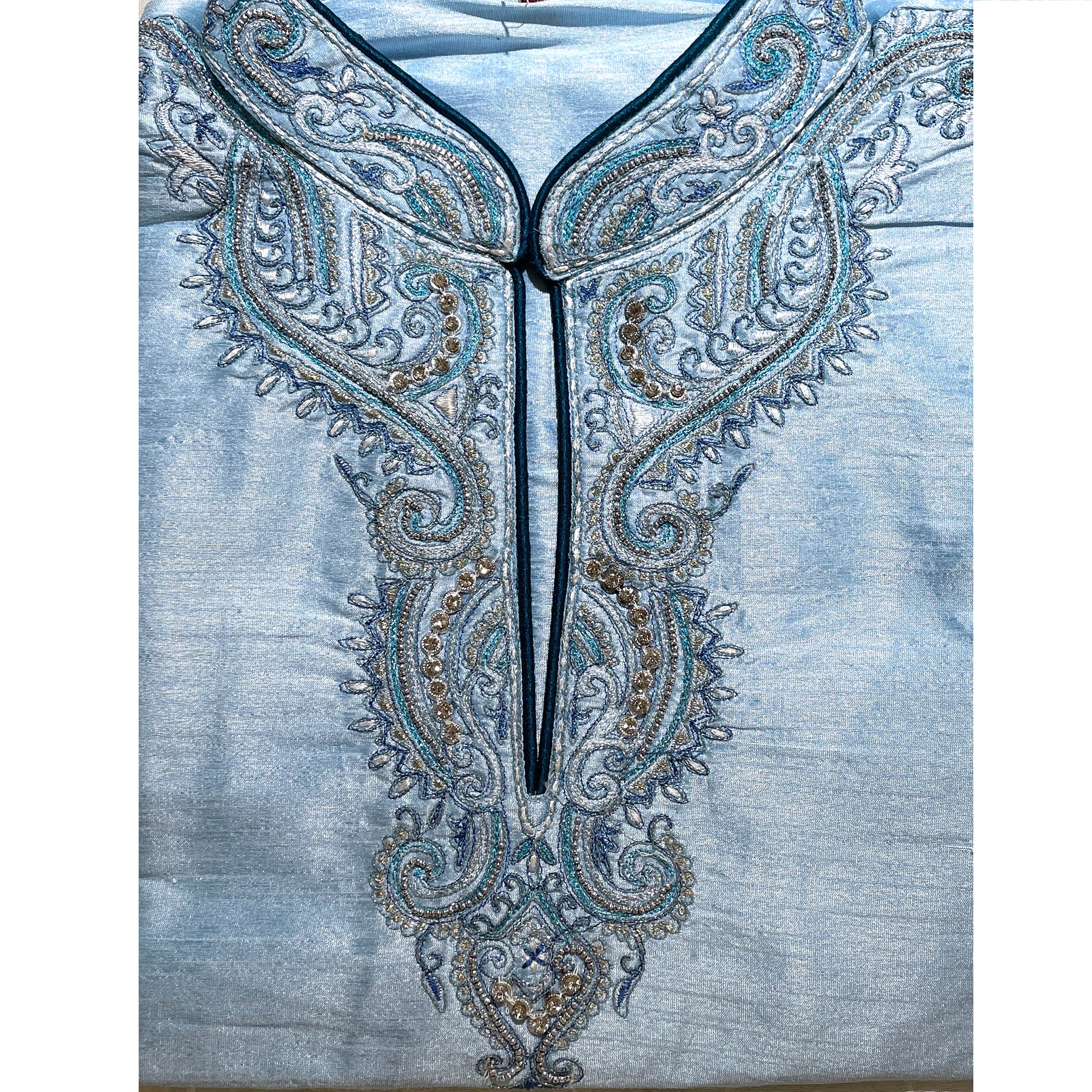 MJ Light Blue Brocade Short Kurta-48 - Vintage India NYC