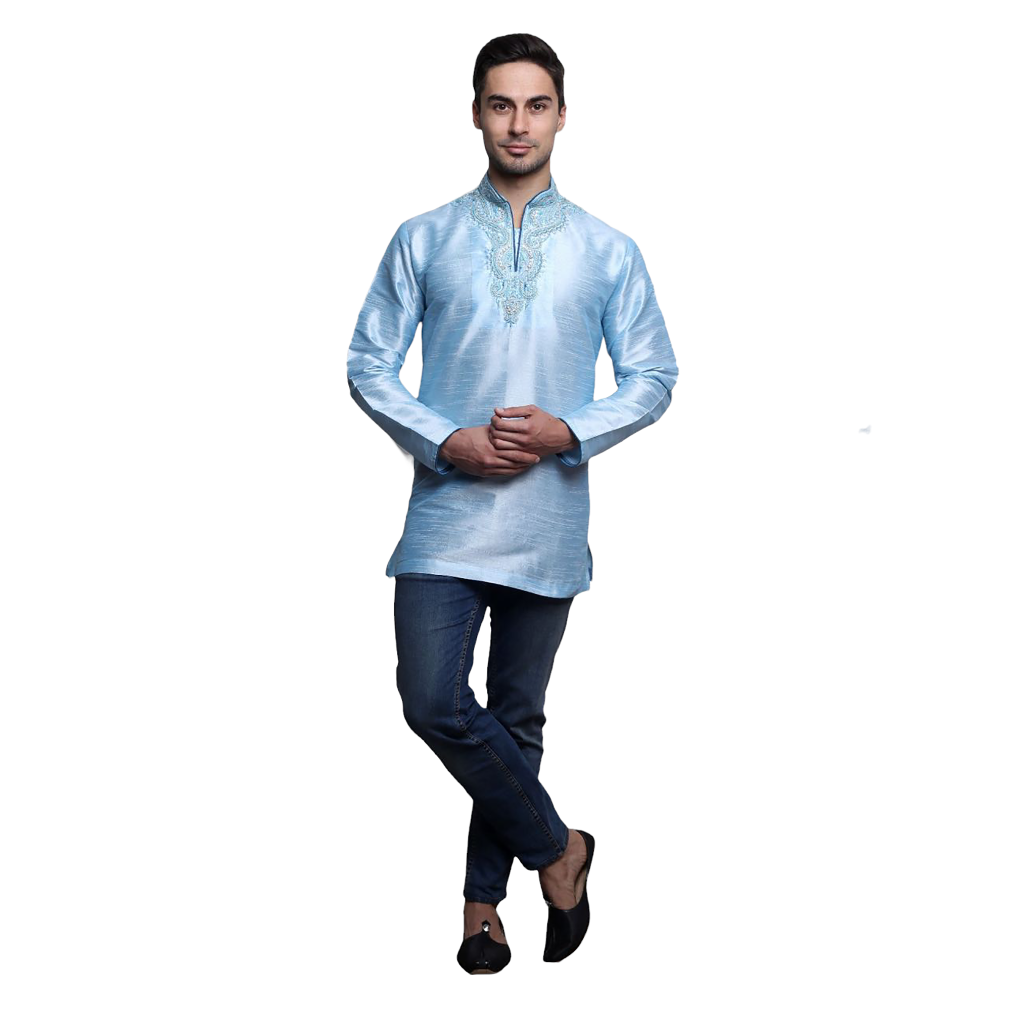 MJ Light Blue Brocade Short Kurta-48 - Vintage India NYC