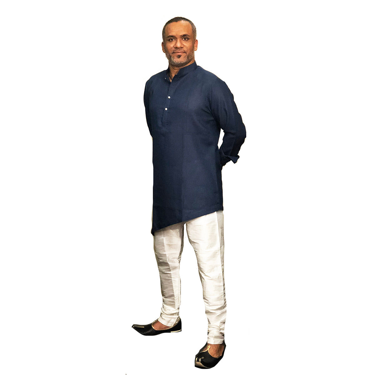 YD Navy Linen Asymmetric Kurta - Vintage India NYC