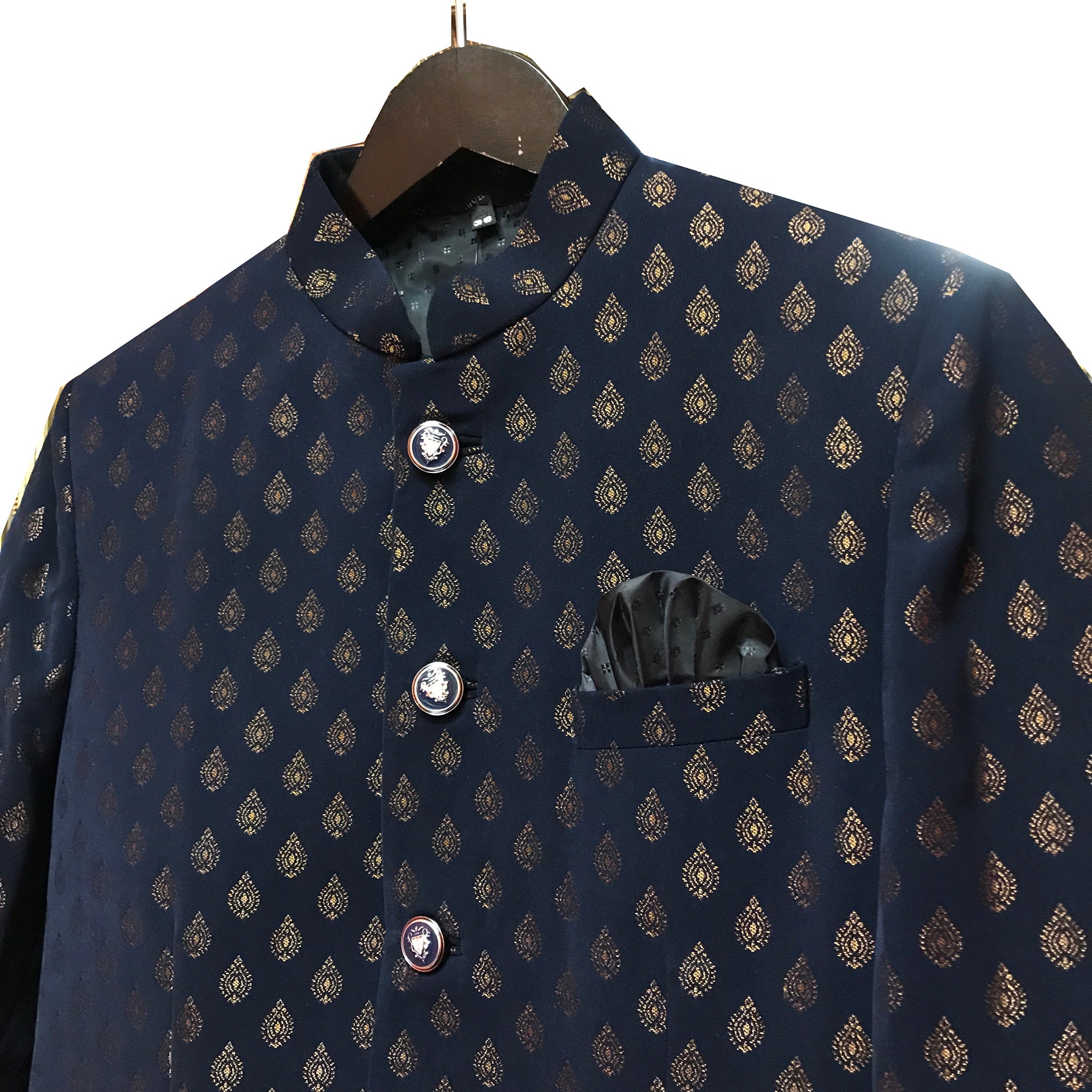 YD Navy Brocade Jodhpuri Nehru Suit Jacket - Vintage India NYC