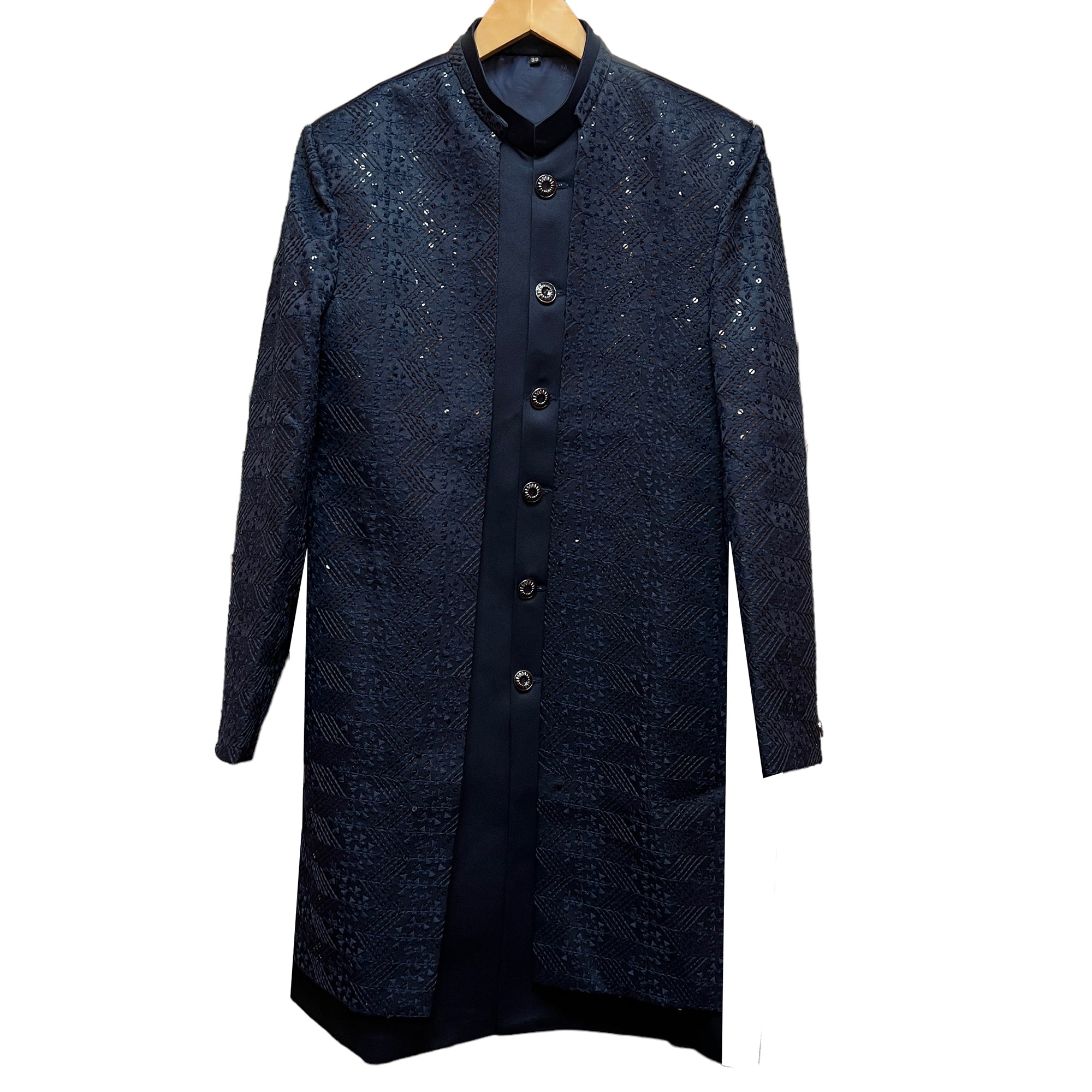 Navy Double Sequin Sherwani - Vintage India NYC