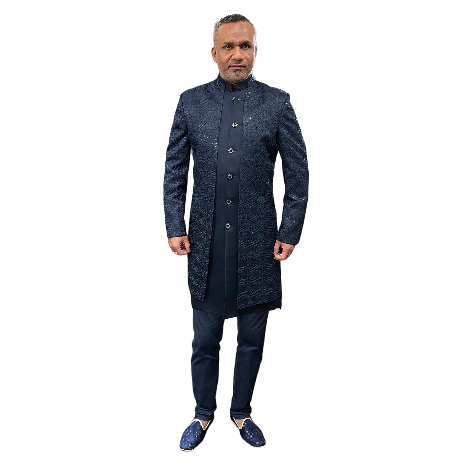 Navy Double Sequin Sherwani - Vintage India NYC