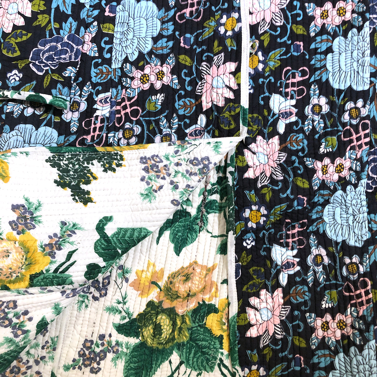 VR Blue Floral Quilted Coat-Long - Vintage India NYC