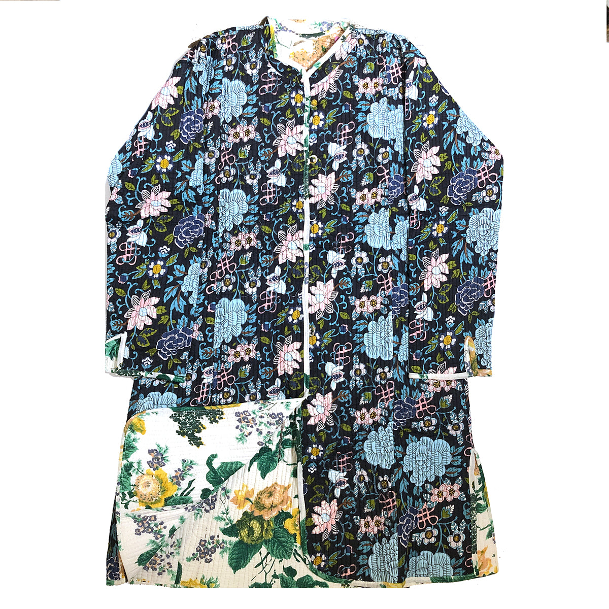 VR Blue Floral Quilted Coat-Long - Vintage India NYC