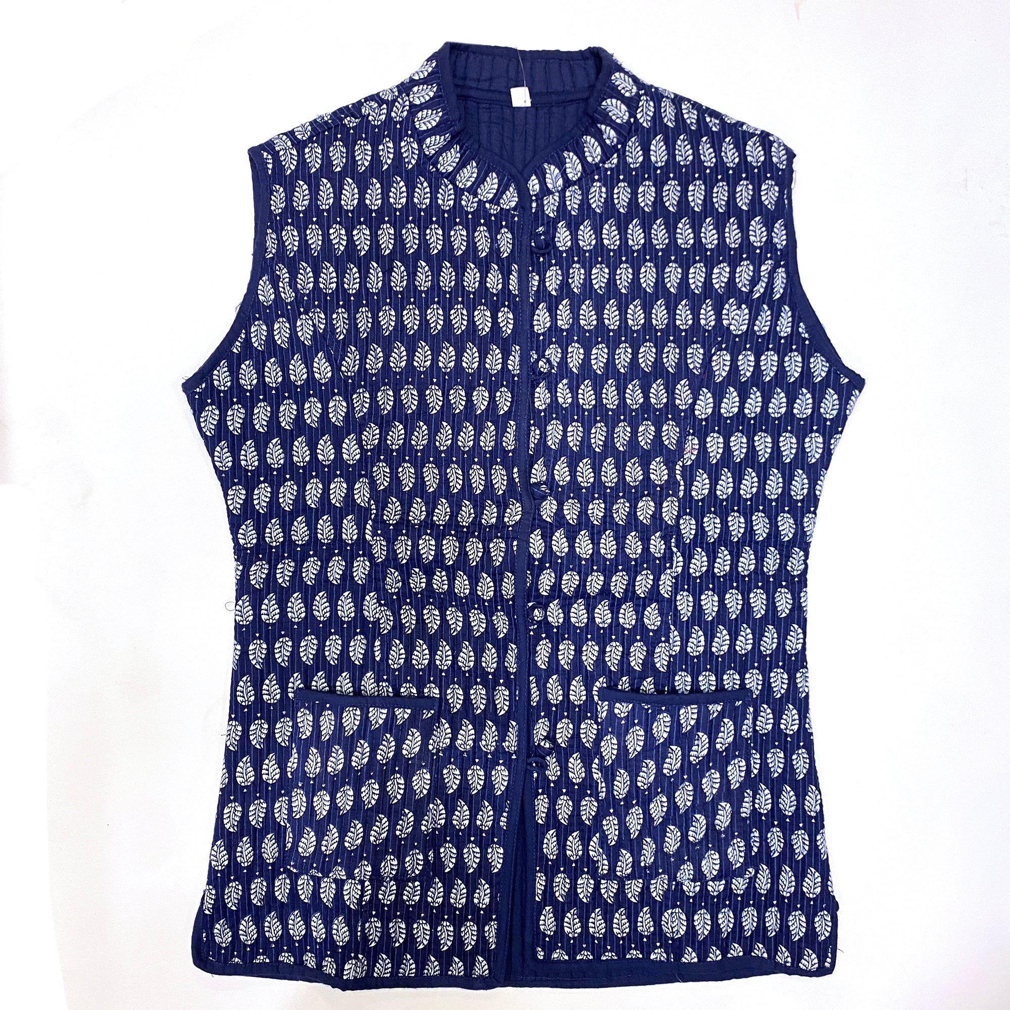 Navy Leaf Print Quilted Vest - Vintage India NYC