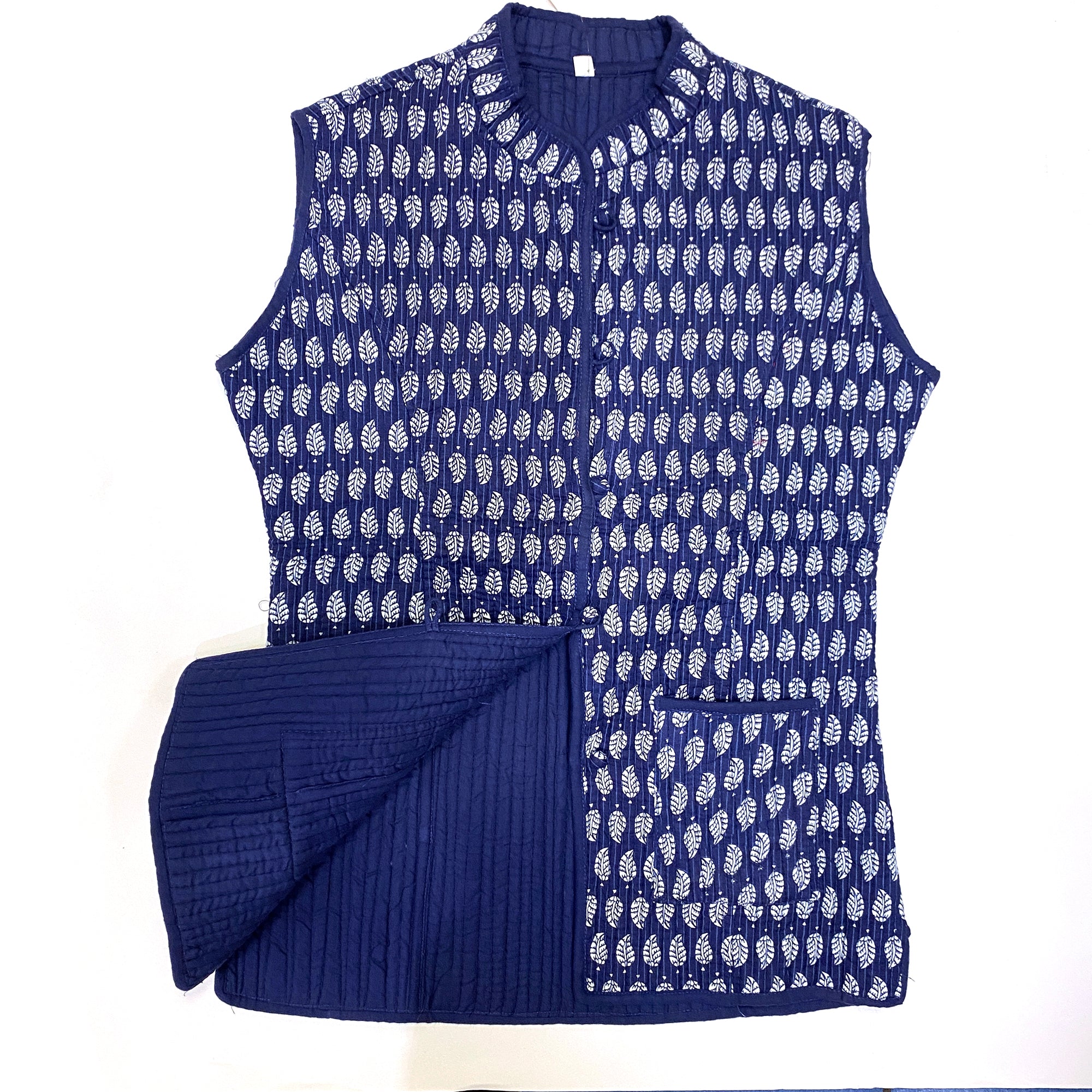 Navy Leaf Print Quilted Vest - Vintage India NYC