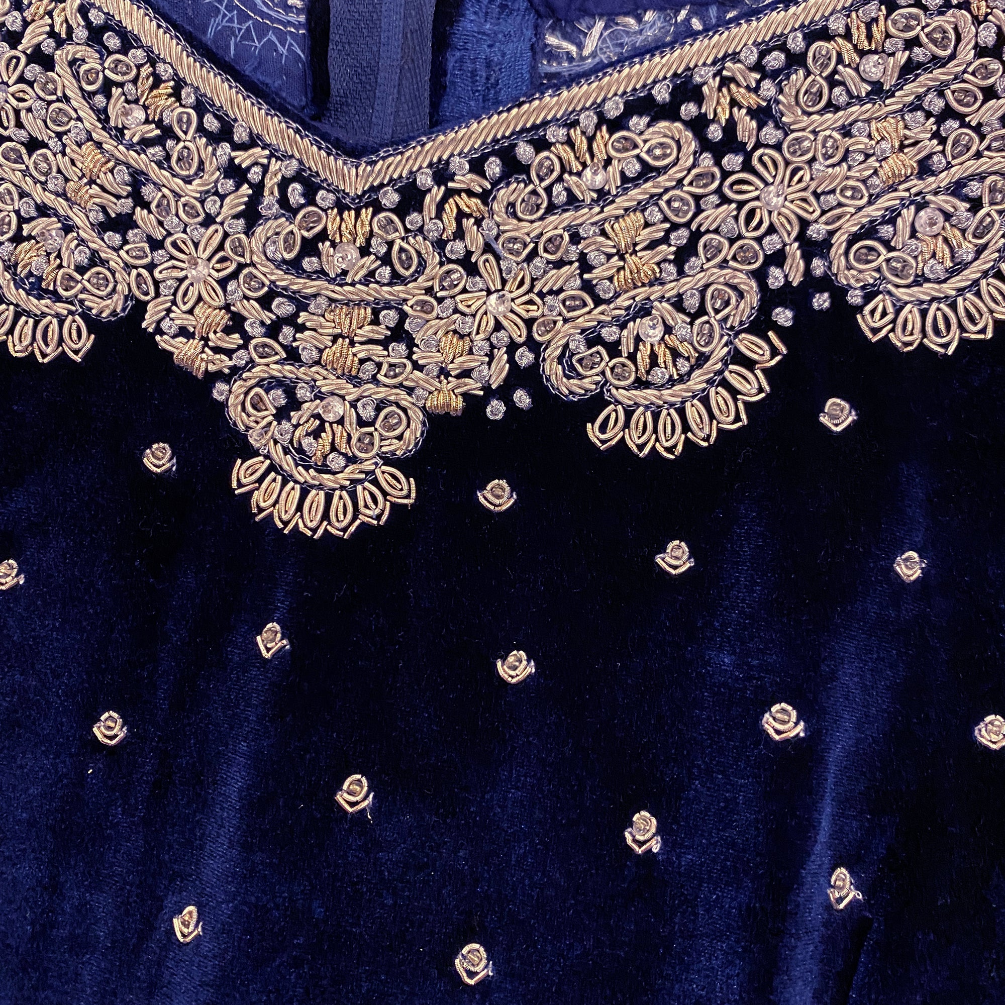 Navy Velvet Top with Silver Zardosi Embroidery - Vintage India NYC
