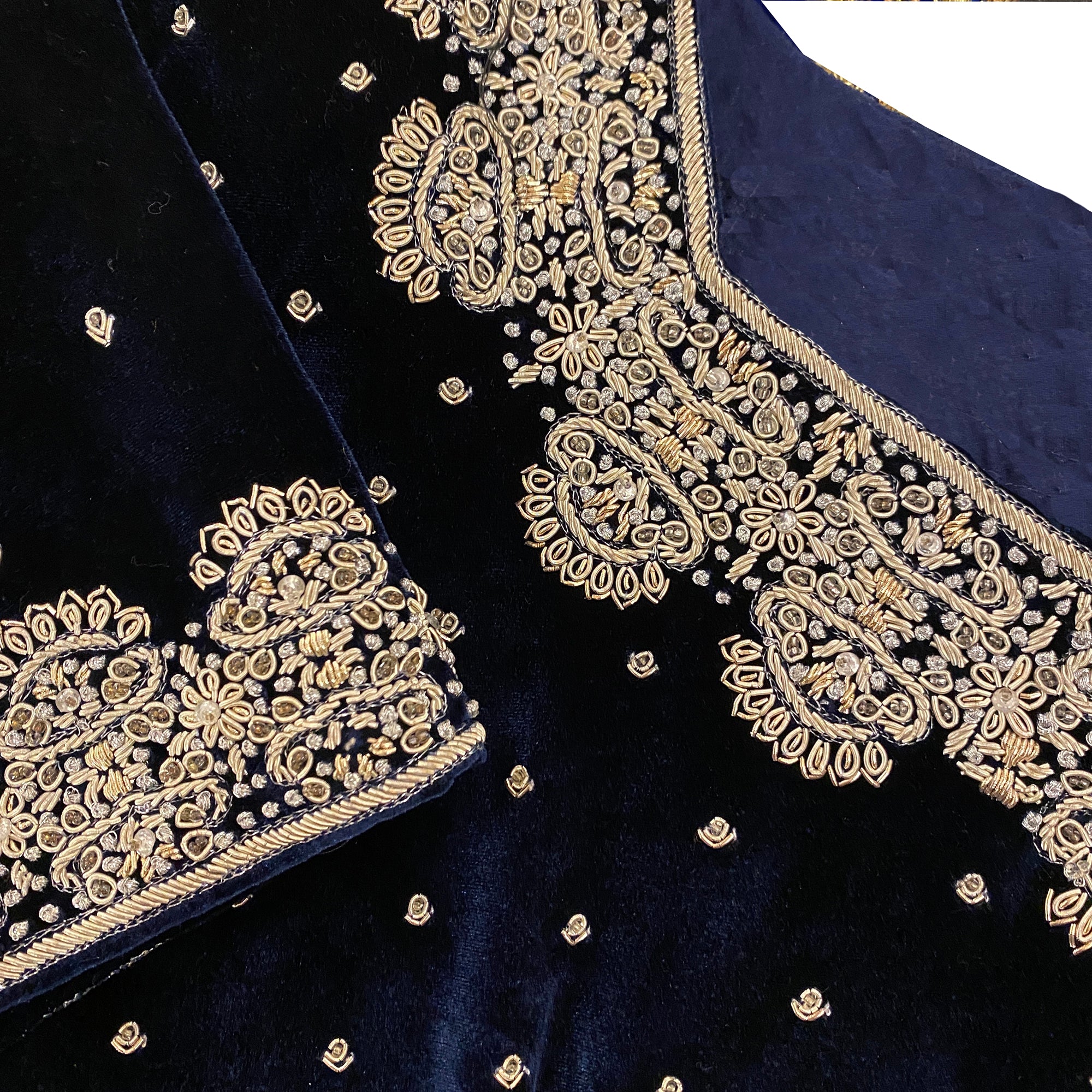 Navy Velvet Top with Silver Zardosi Embroidery - Vintage India NYC