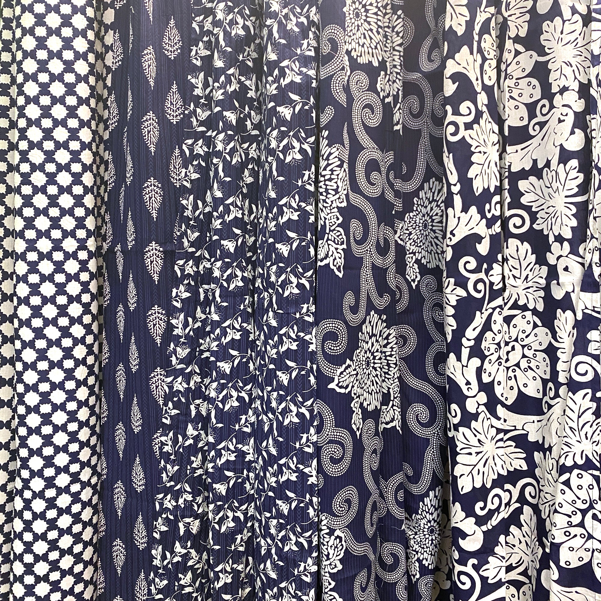 Navy & White Cotton Curtain Pair-5 Patterns - Vintage India NYC