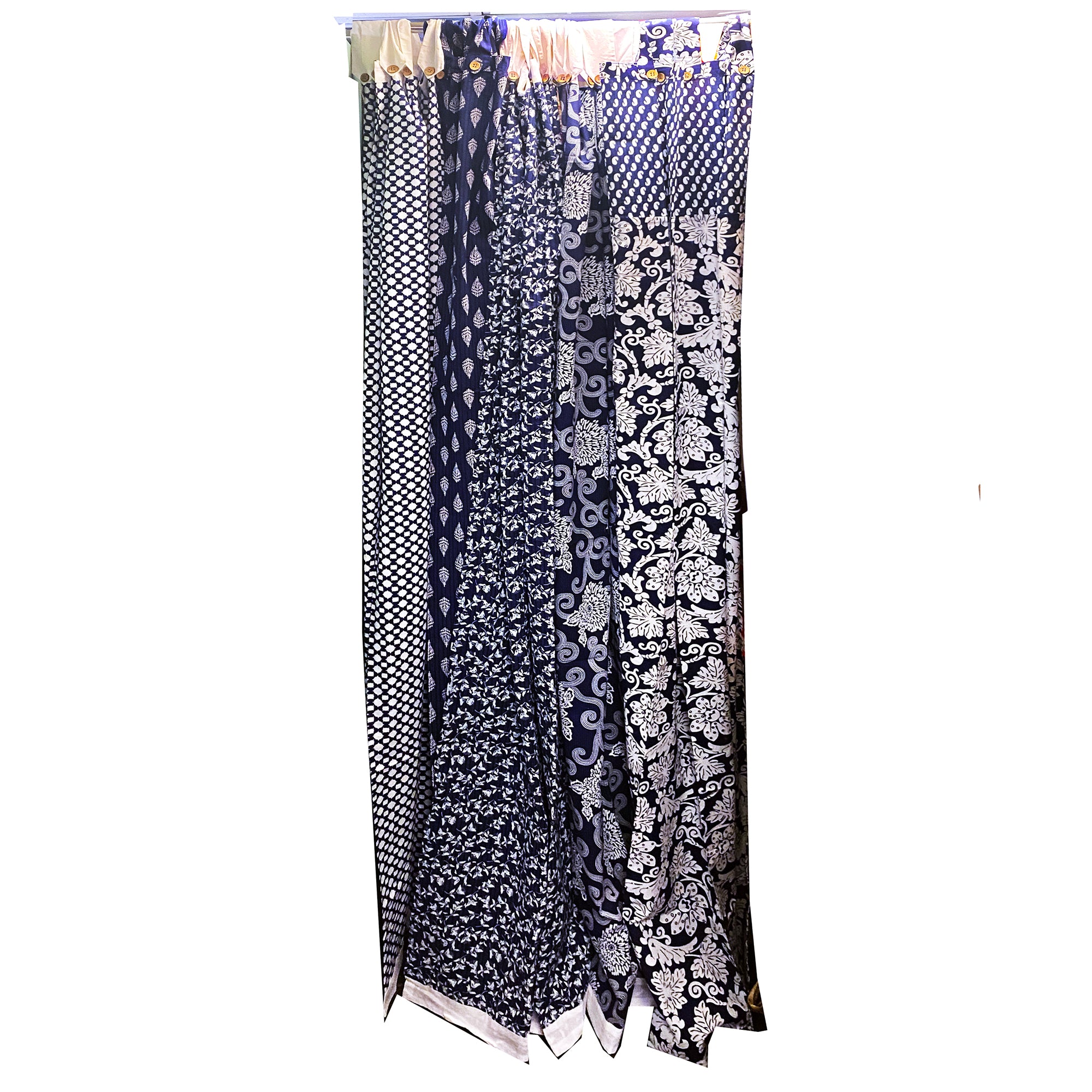Navy & White Cotton Curtain Pair-5 Patterns - Vintage India NYC