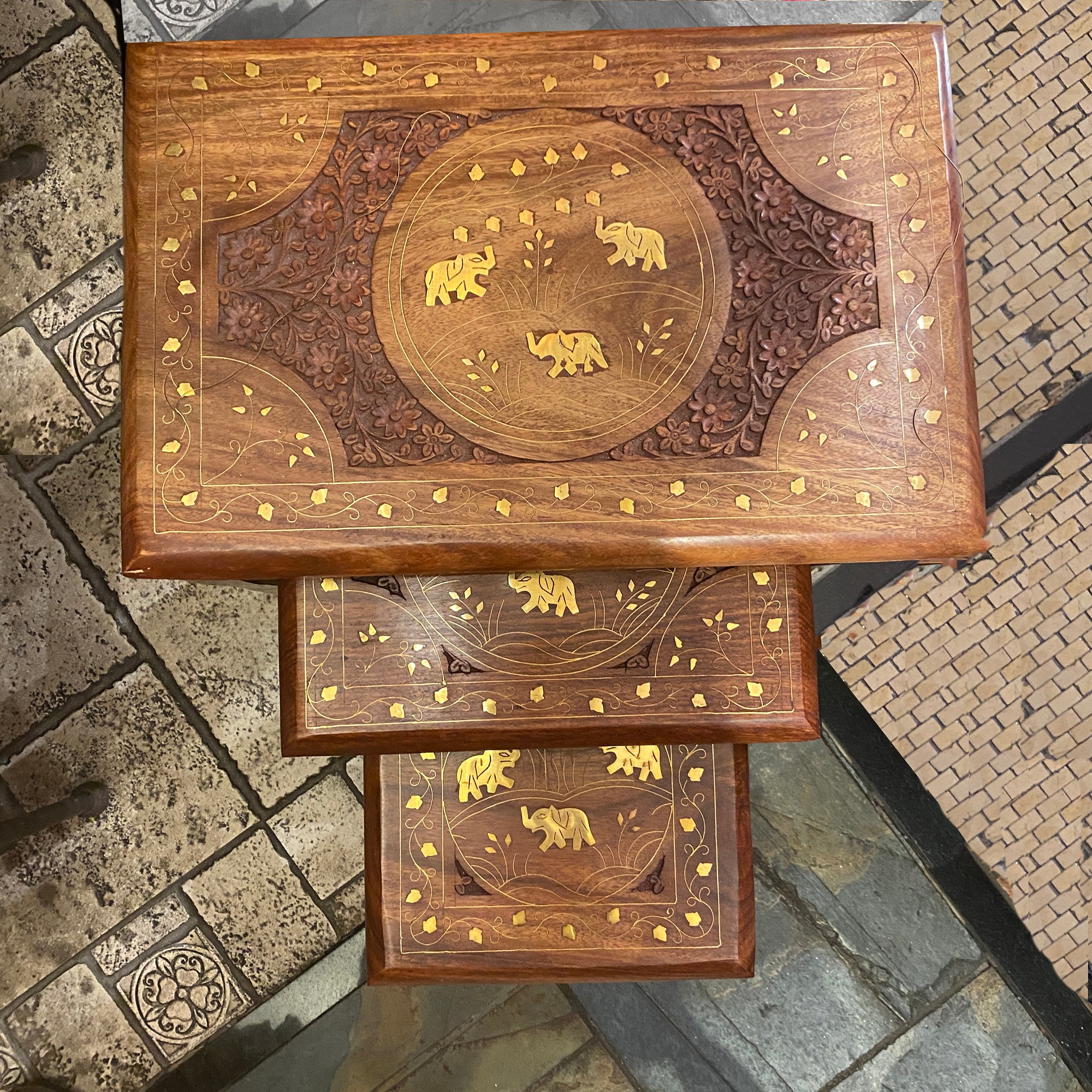 Hand Carved Nesting Tables Set - Vintage India NYC
