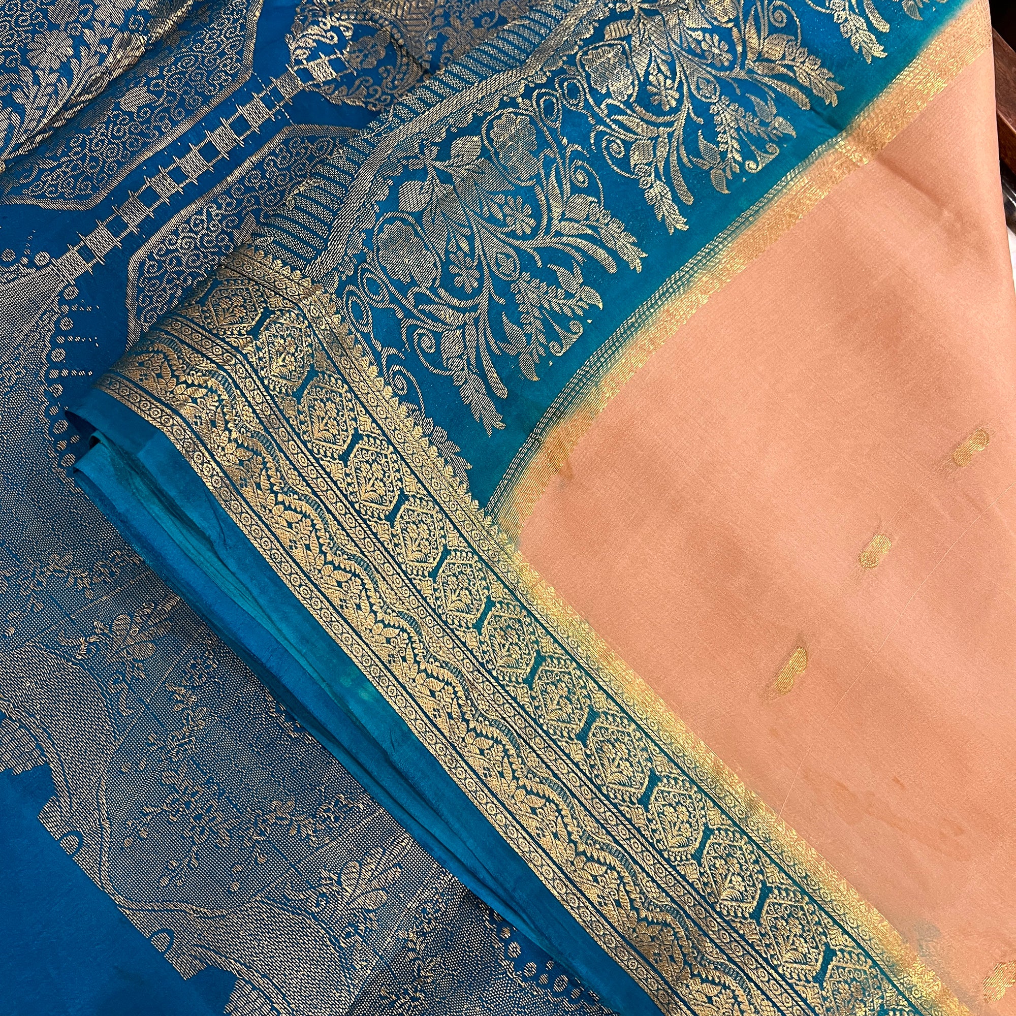 Vintage Peach & Ocean Kanchi Saree - Vintage India NYC