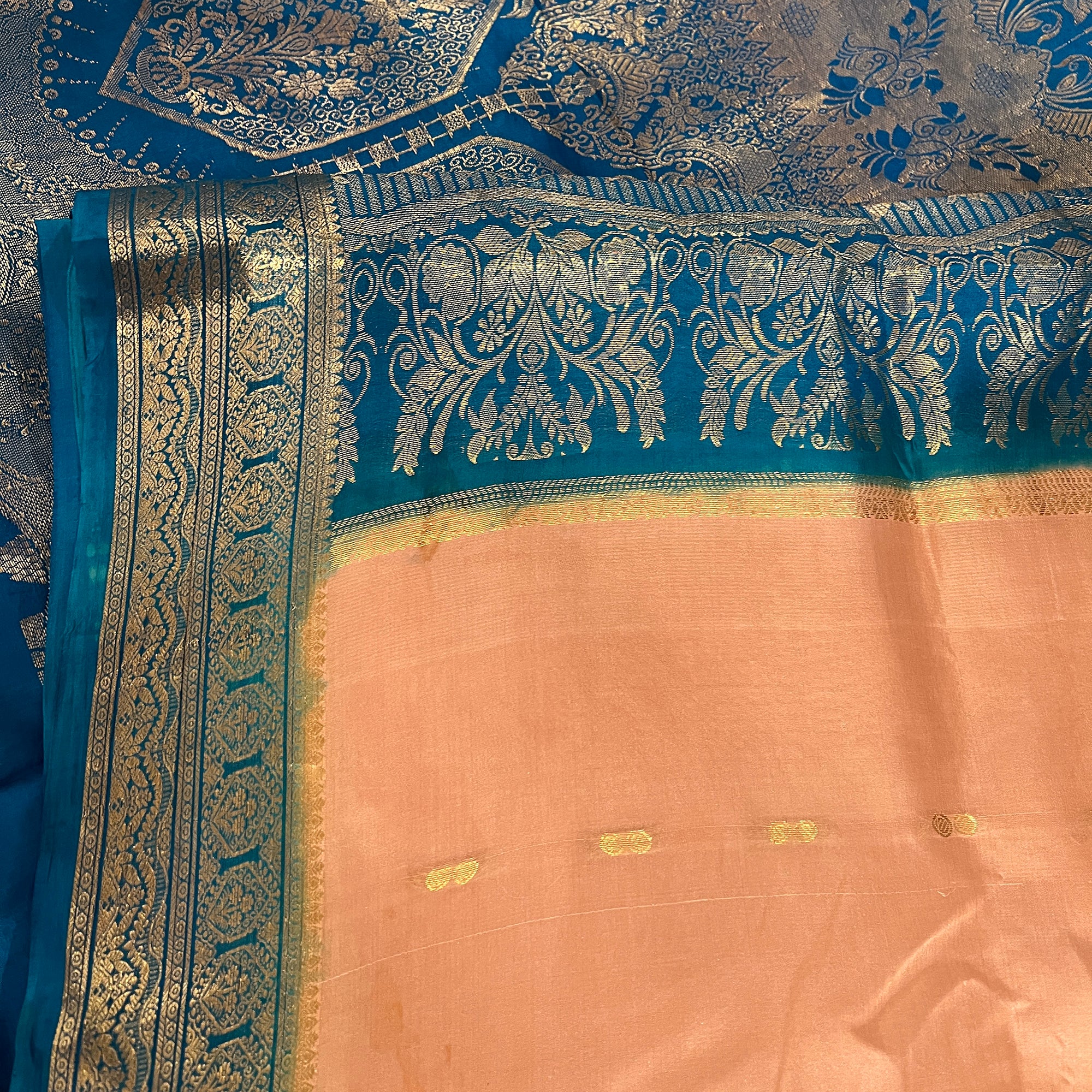 Vintage Peach & Ocean Kanchi Saree - Vintage India NYC