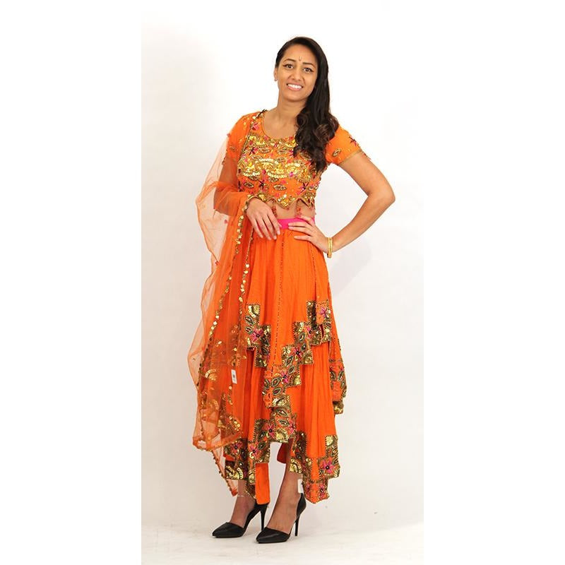 Silk Lehenga Set (Orange & Gold) - Vintage India NYC