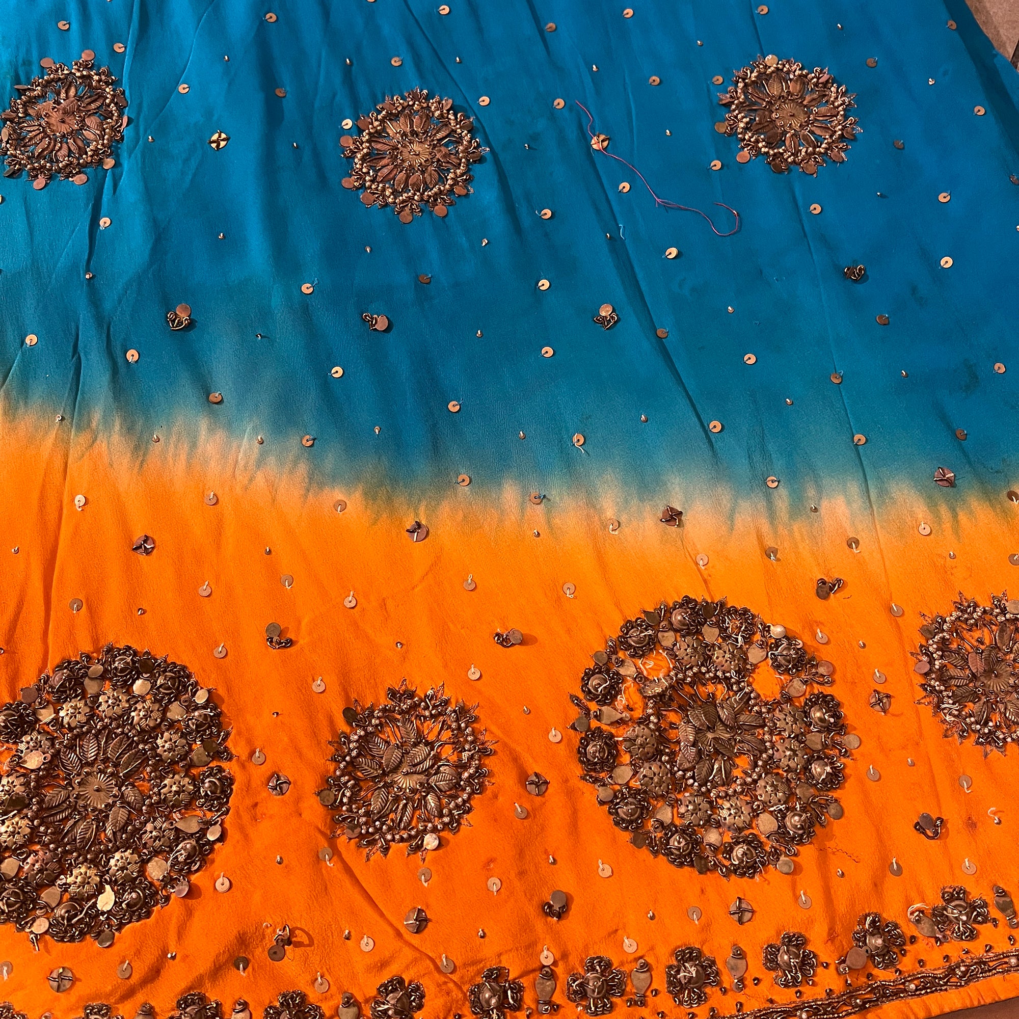 Vintage Orange & Ocean Blue Silk Lehenga set - Vintage India NYC