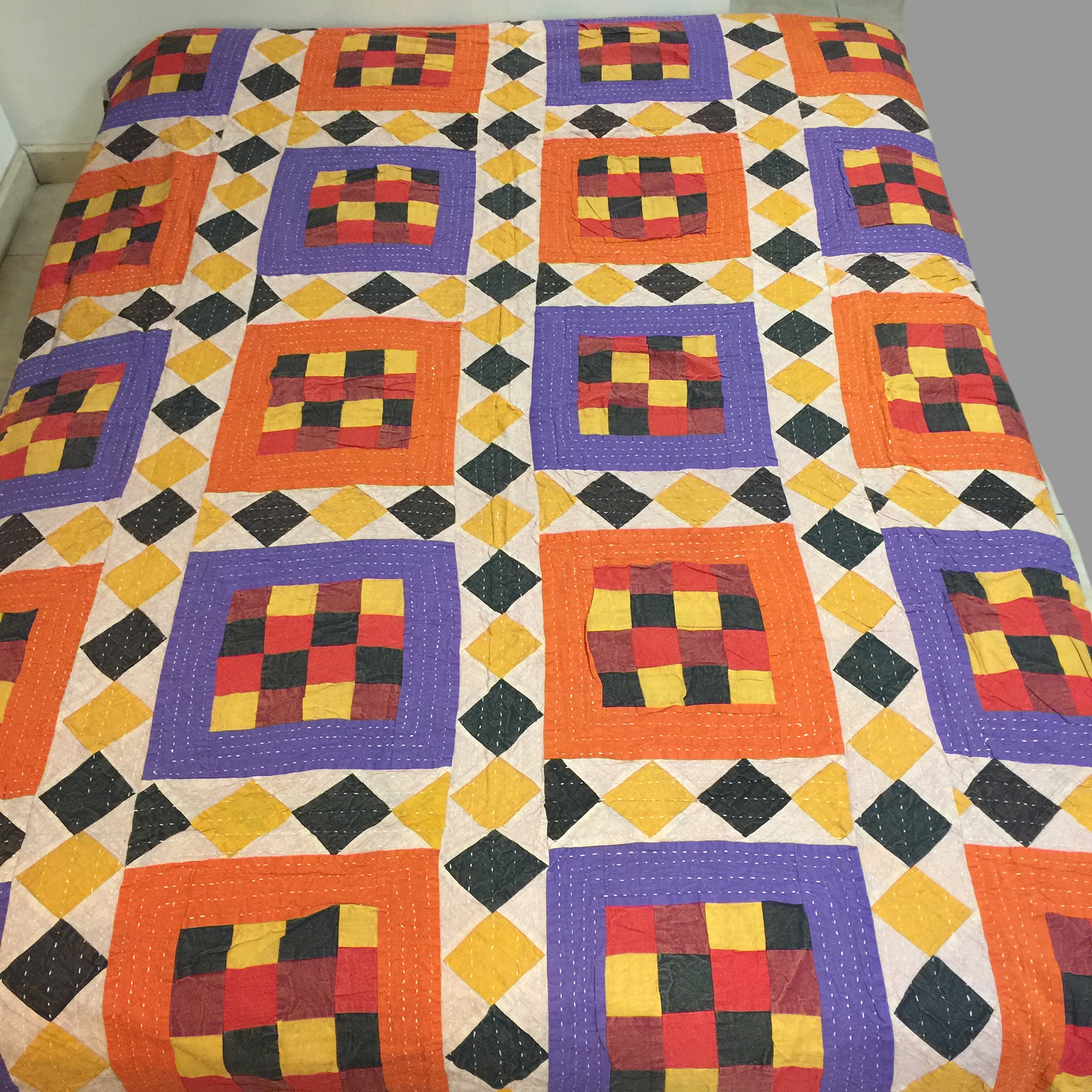 Checkered Patchwork Kantha Quilt-6 colors - Vintage India NYC