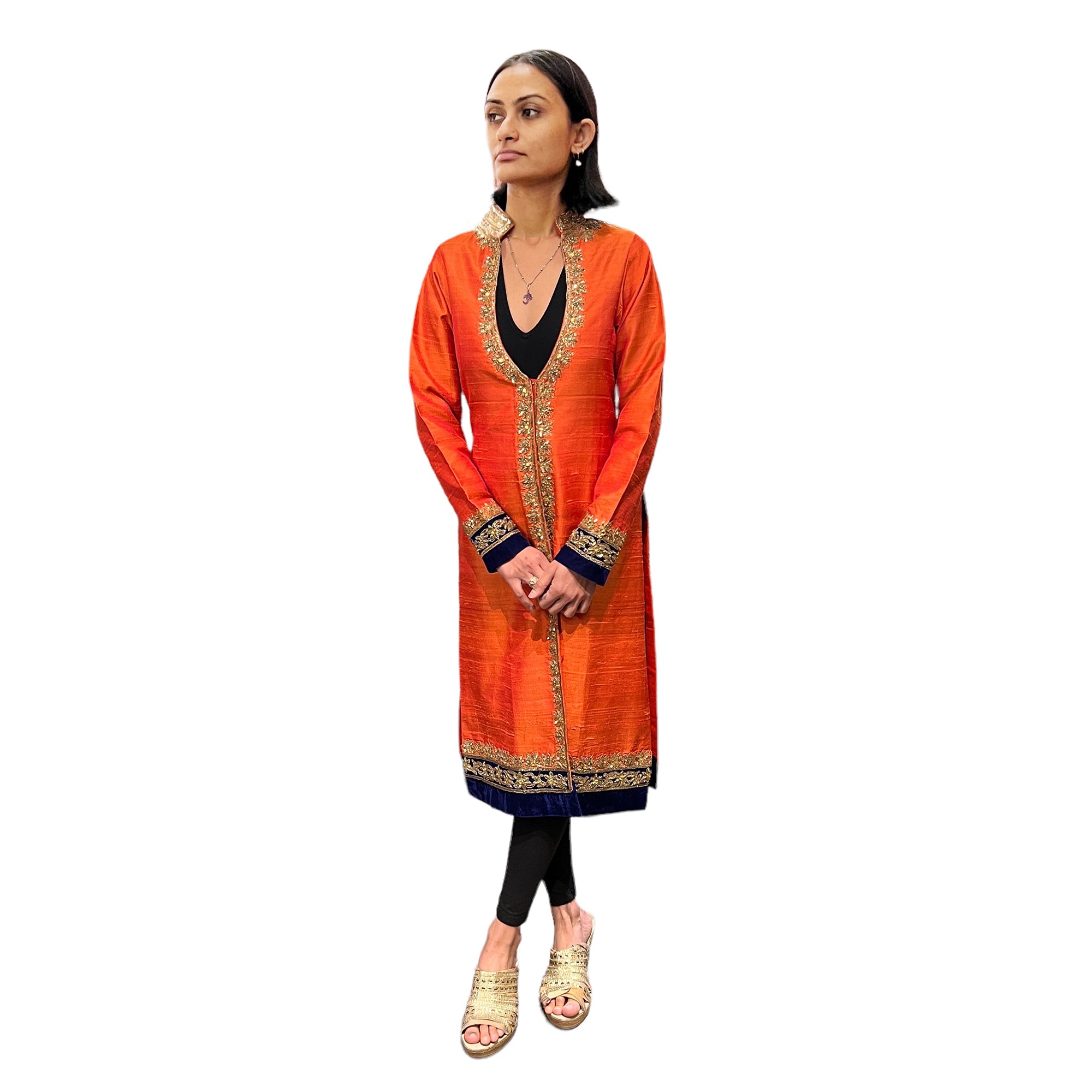 Orange Raw Silk Jacket with Hand Embroidery - Vintage India NYC