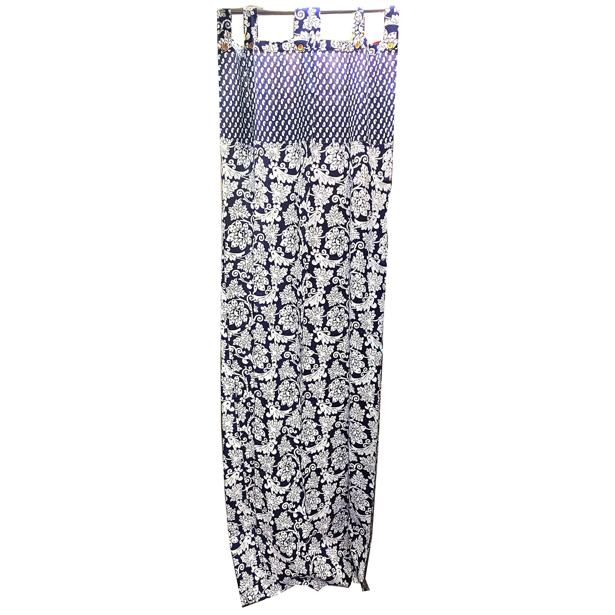 Navy & White Cotton Curtain Pair-5 Patterns - Vintage India NYC