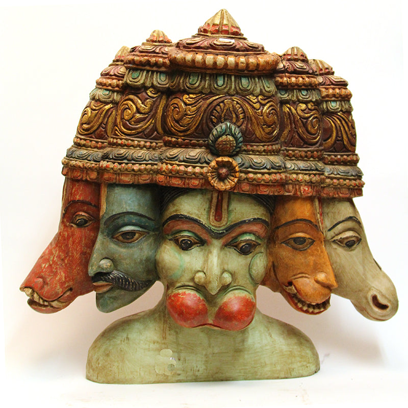 SE Hand Carved Wooden Panchmukhi Hanuman - Vintage India NYC