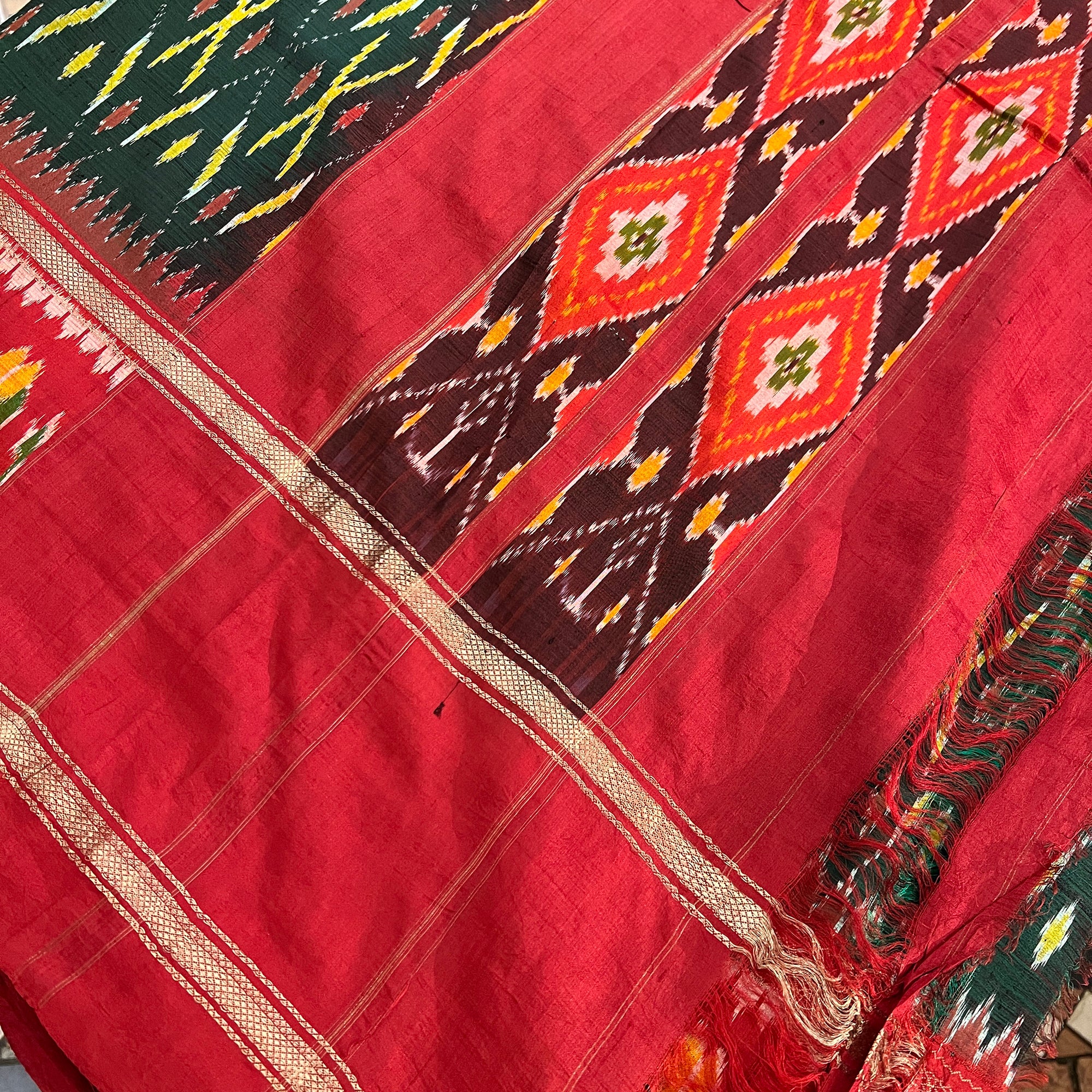 Red & Green Patola Silk Saree - Vintage India NYC