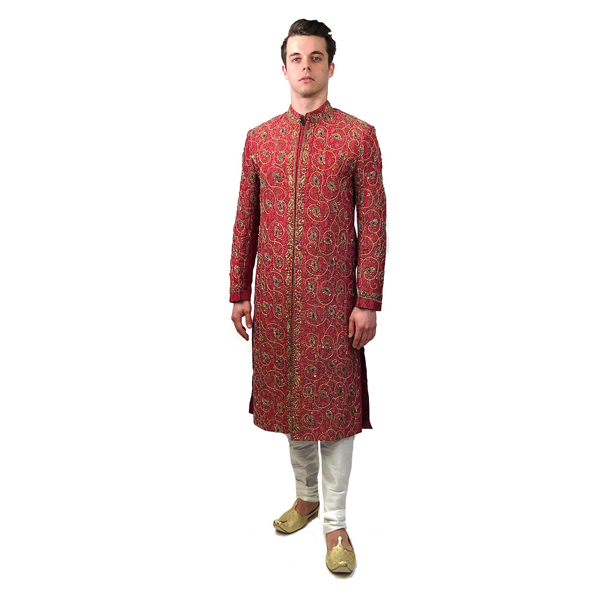 Dark Pink Red Embroidered Sherwani - Vintage India NYC