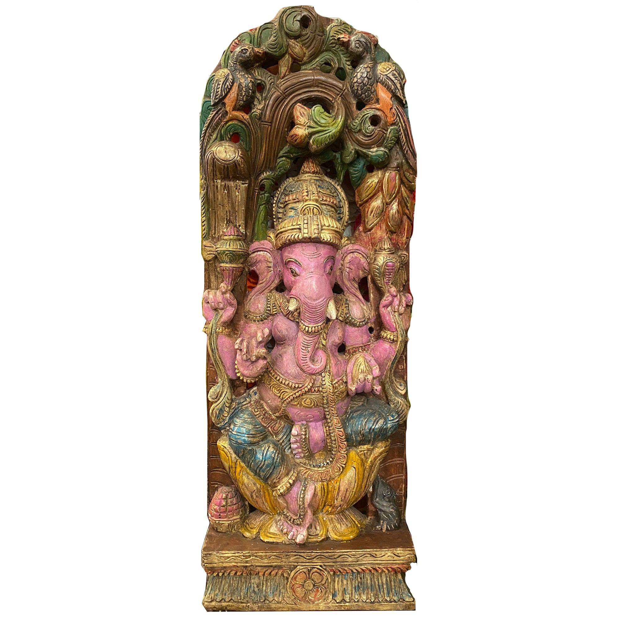 Pink Ganesh Hand-painted & Carved Murti - Vintage India NYC