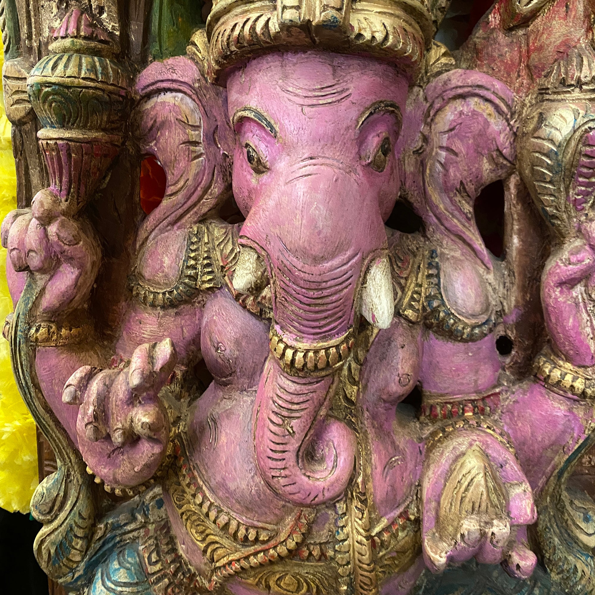 Pink Ganesh Hand-painted & Carved Murti - Vintage India NYC