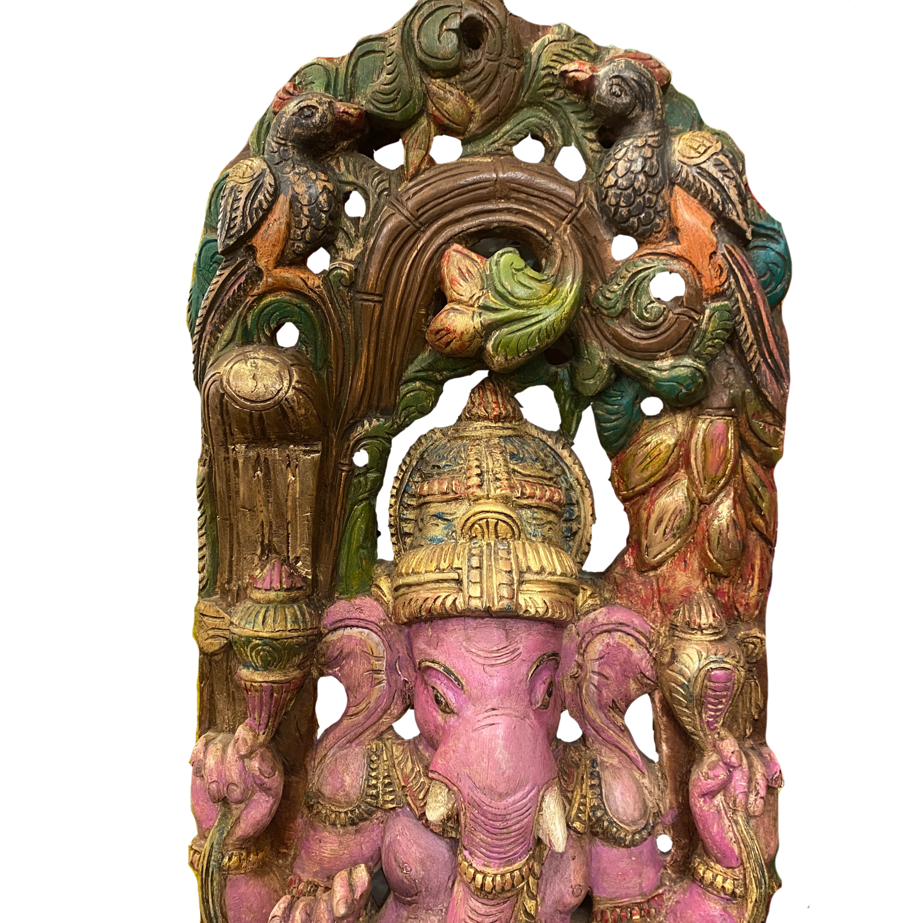 Pink Ganesh Hand-painted & Carved Murti - Vintage India NYC
