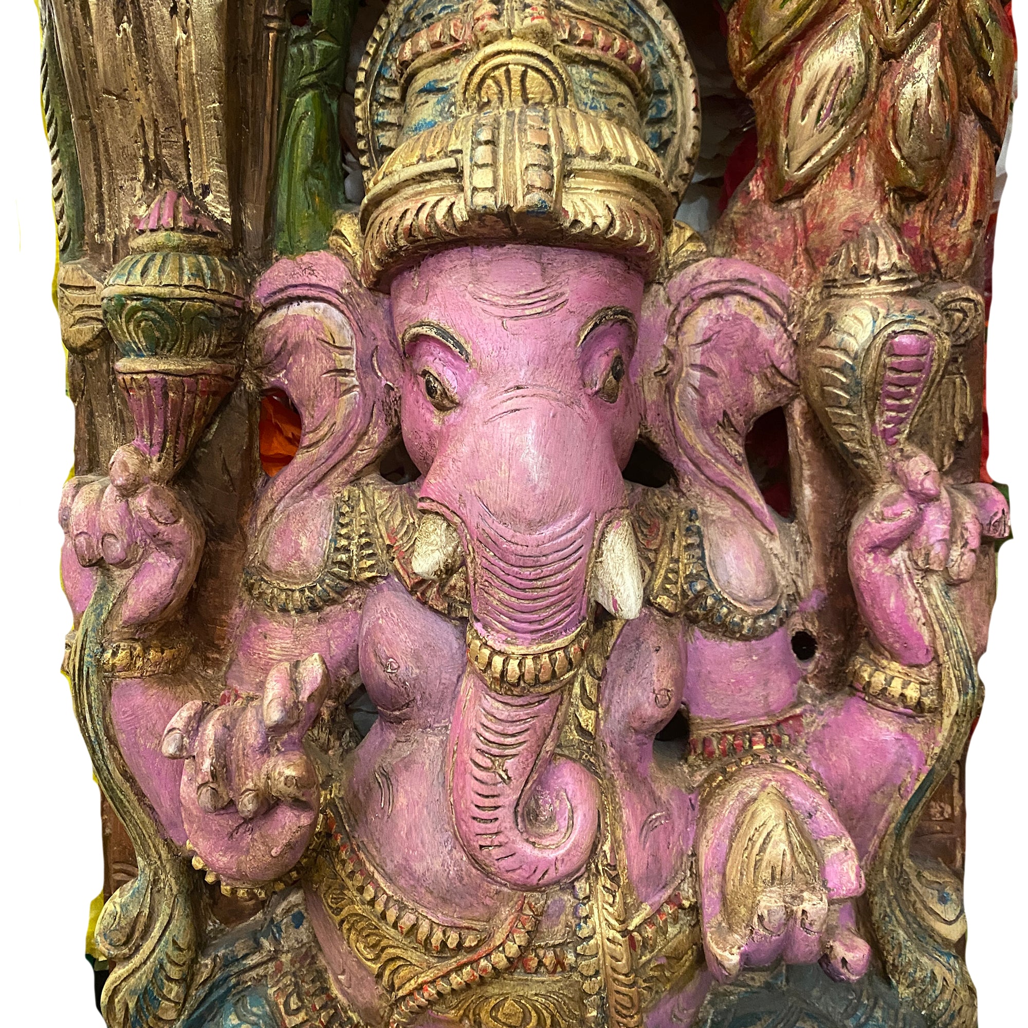 Pink Ganesh Hand-painted & Carved Murti - Vintage India NYC