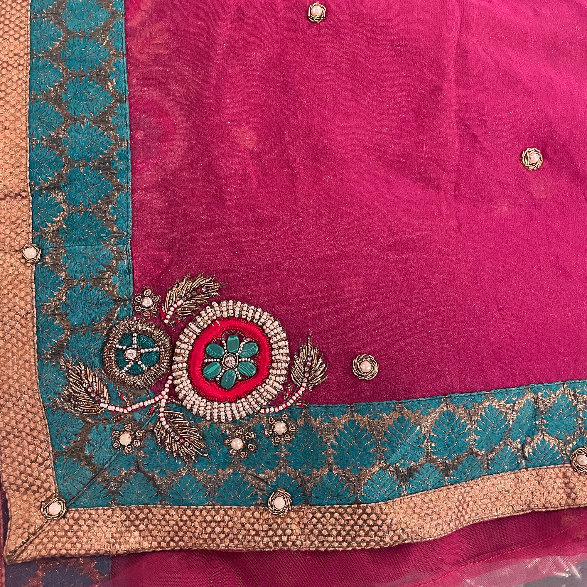Pink Crepe Saree with Gold and Teal - Vintage India NYC