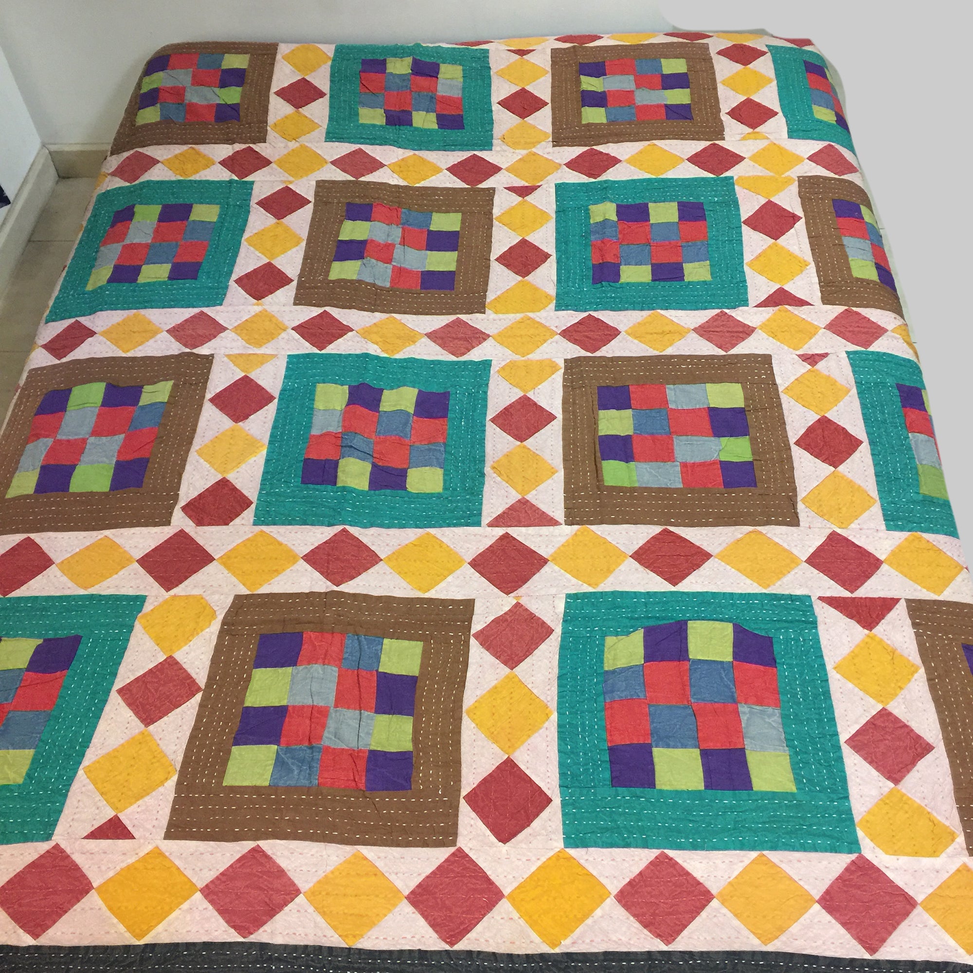 Checkered Patchwork Kantha Quilt-6 colors - Vintage India NYC