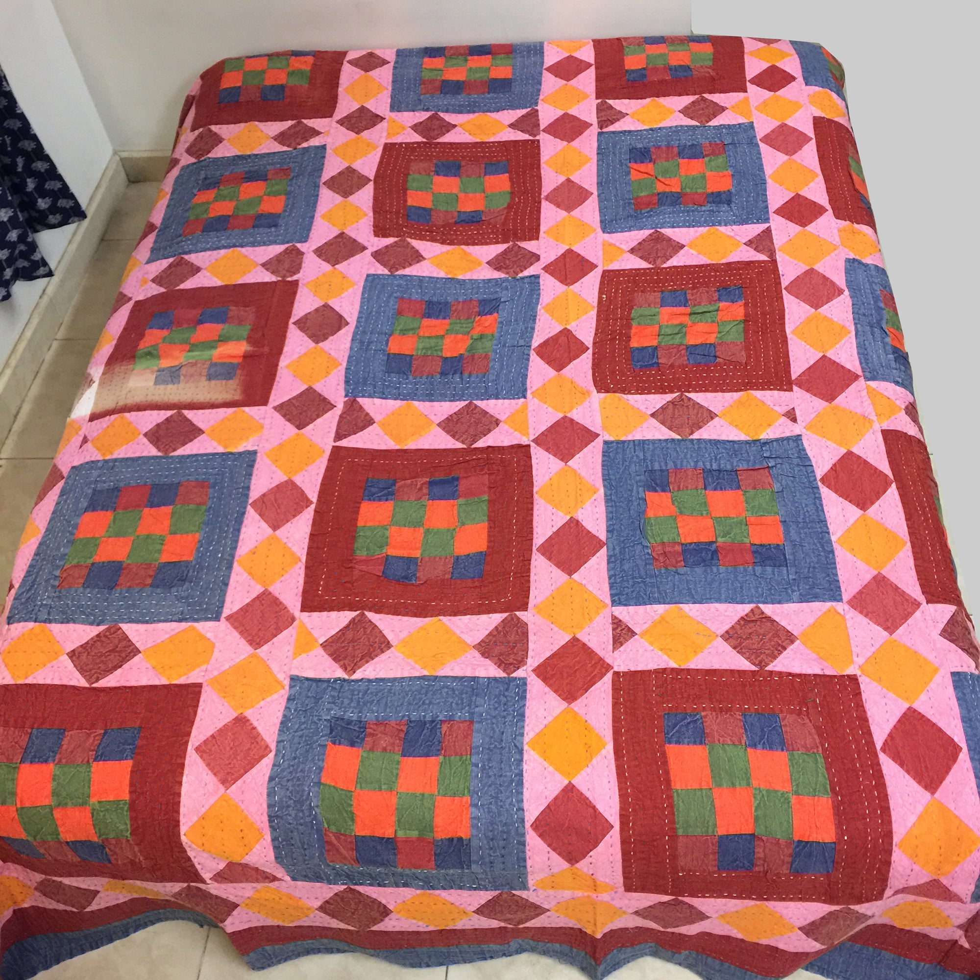 Checkered Patchwork Kantha Quilt-6 colors - Vintage India NYC