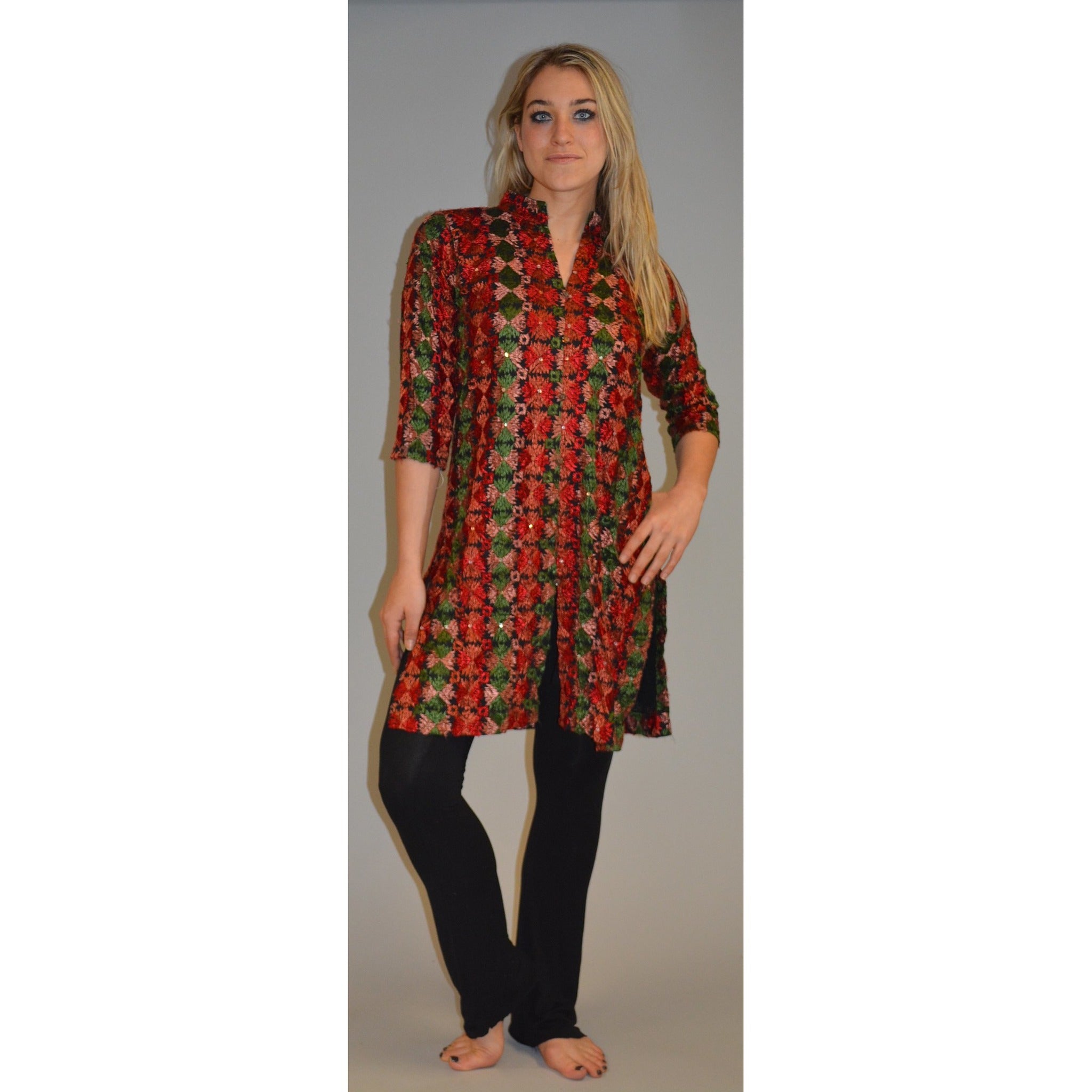 Woolen Kurta Black Green Red Embroidered design - Vintage India NYC