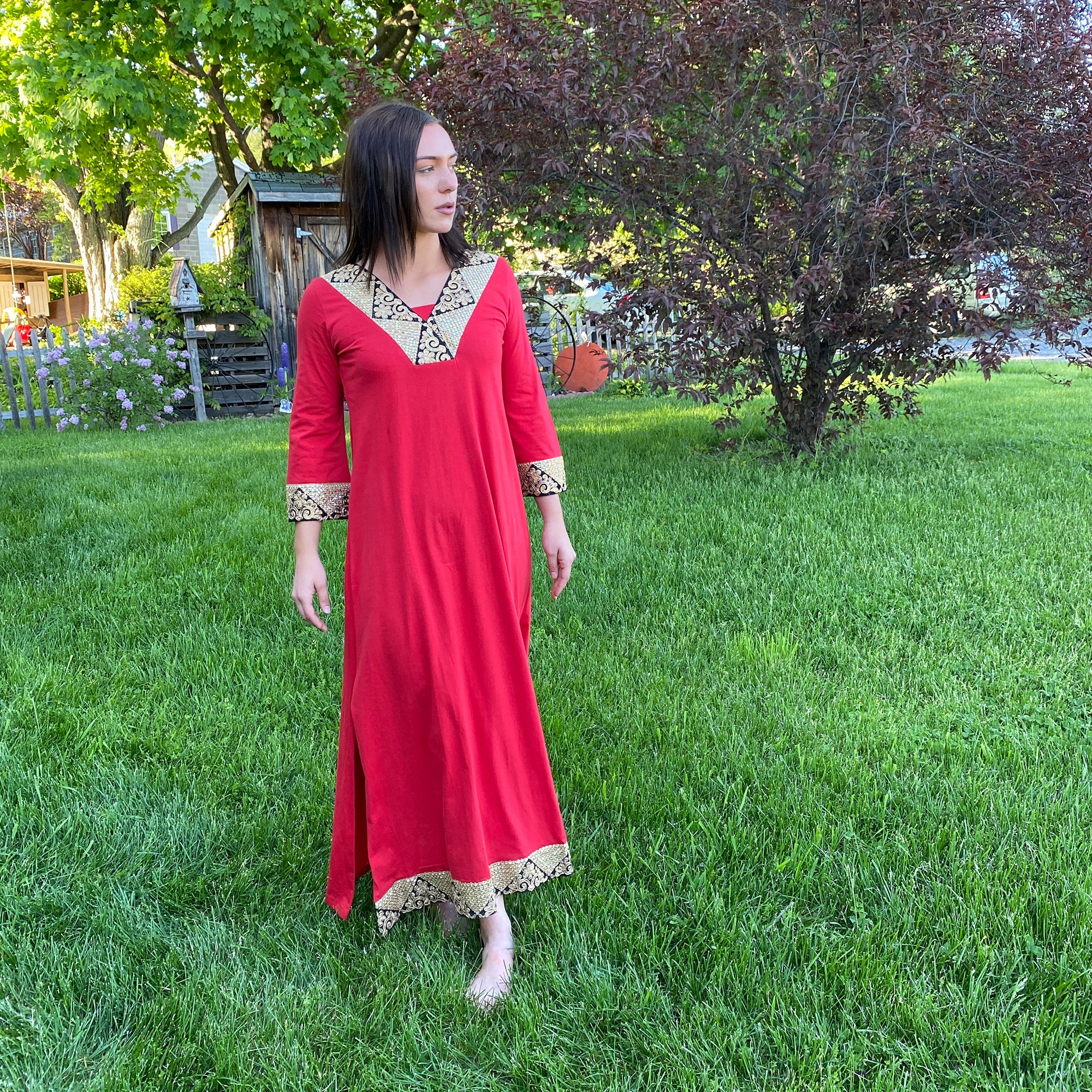 Red Cotton Kaftan - Vintage India NYC