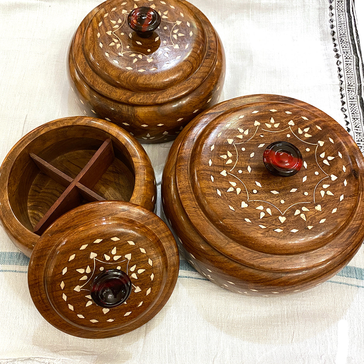 4 Partition Round wood Box-3 Sizes - Vintage India NYC