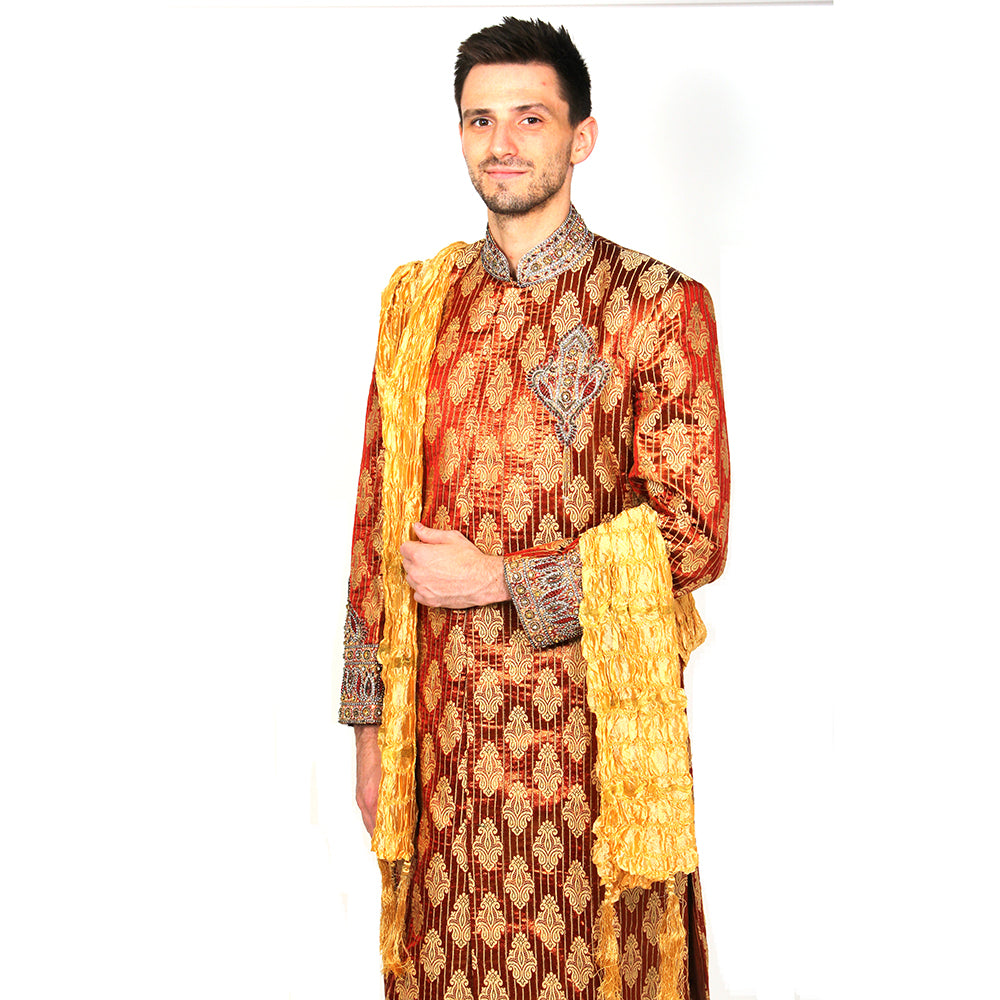 VM Rust brocade sherwani - Vintage India NYC