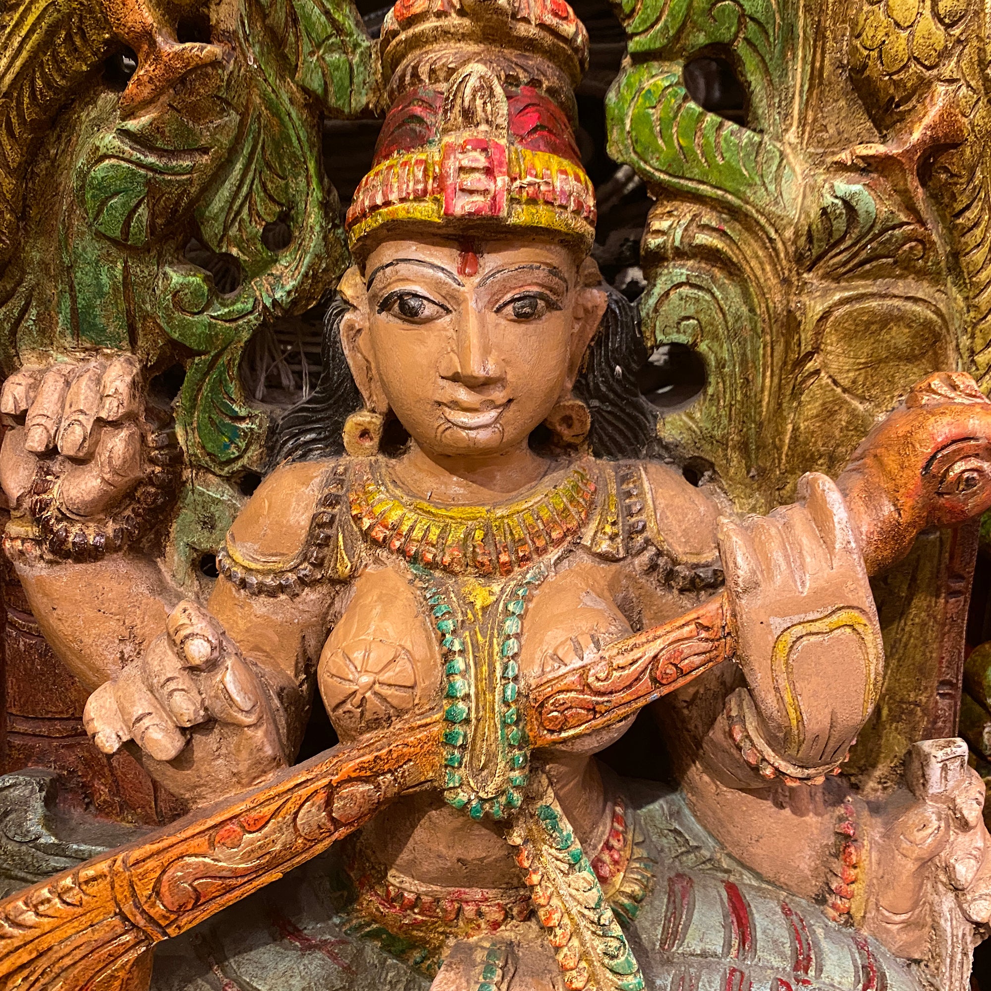 Saraswati Hand-painted & Carved Murti - Vintage India NYC