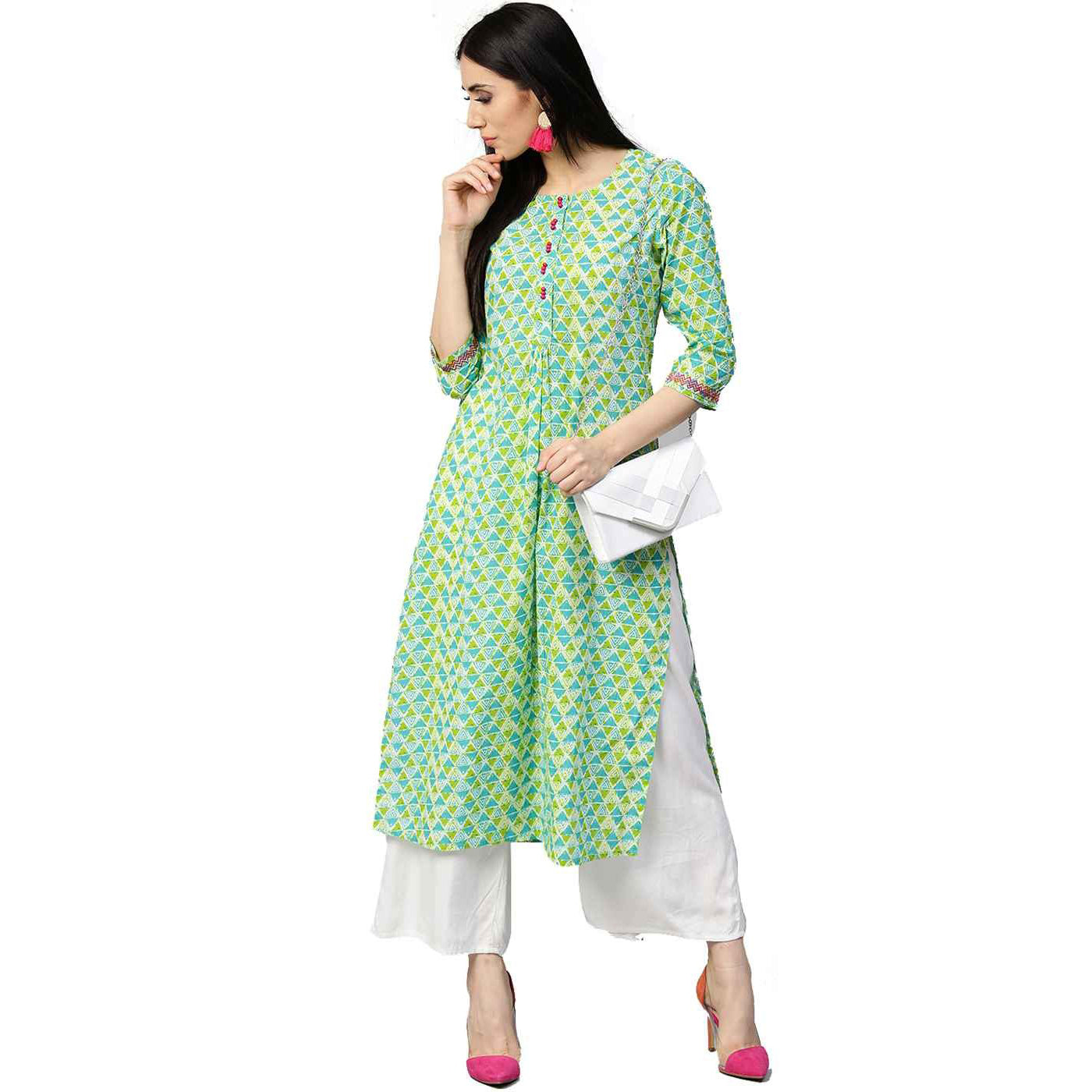 JK Teal & Lime Kurta with geometric pattern - Vintage India NYC