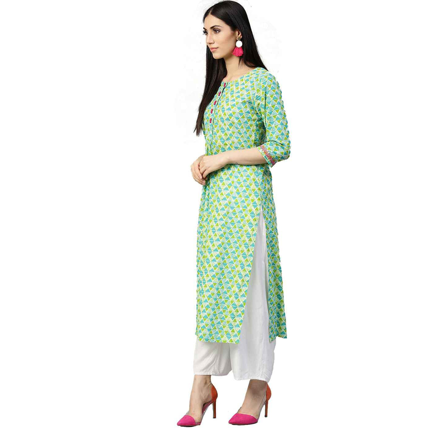 JK Teal & Lime Kurta with geometric pattern - Vintage India NYC
