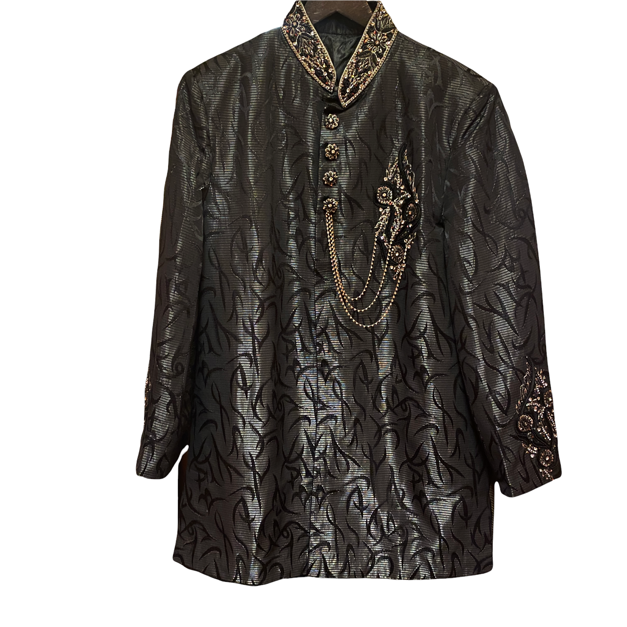 Shiny Black Steel Brocade Sherwani - Vintage India NYC