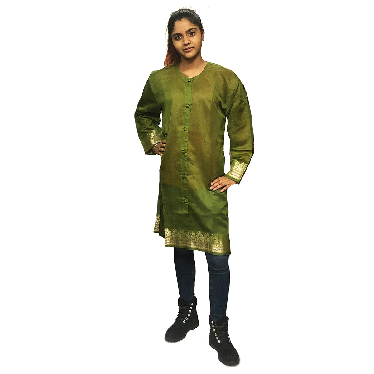 Olive Chanderi Front Button Kurta - Vintage India NYC
